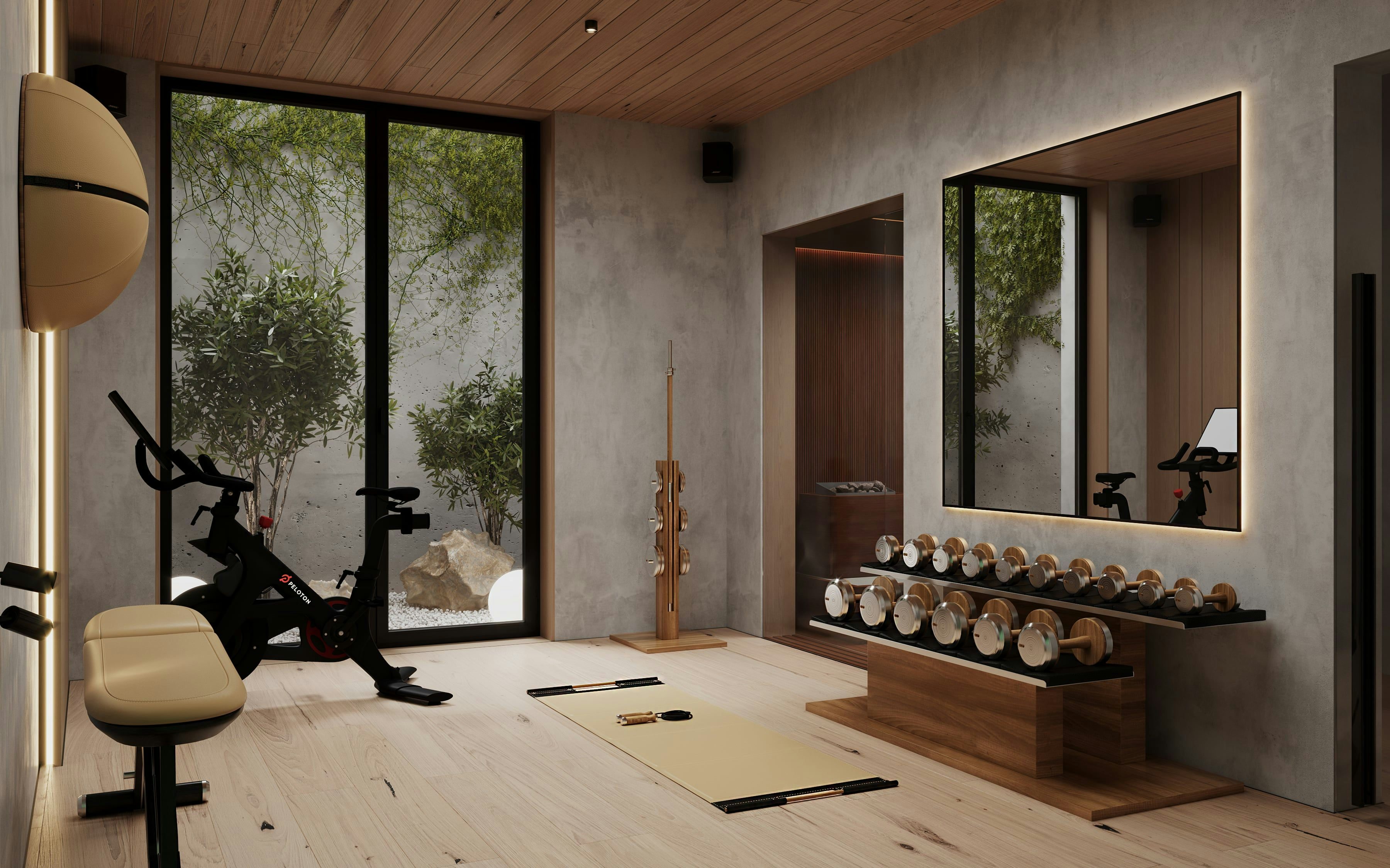 3D Architekturvisualisierung eines Heim-Fitnessstudios mit Sauna in einem Privathaus in Berlin, Deutschland