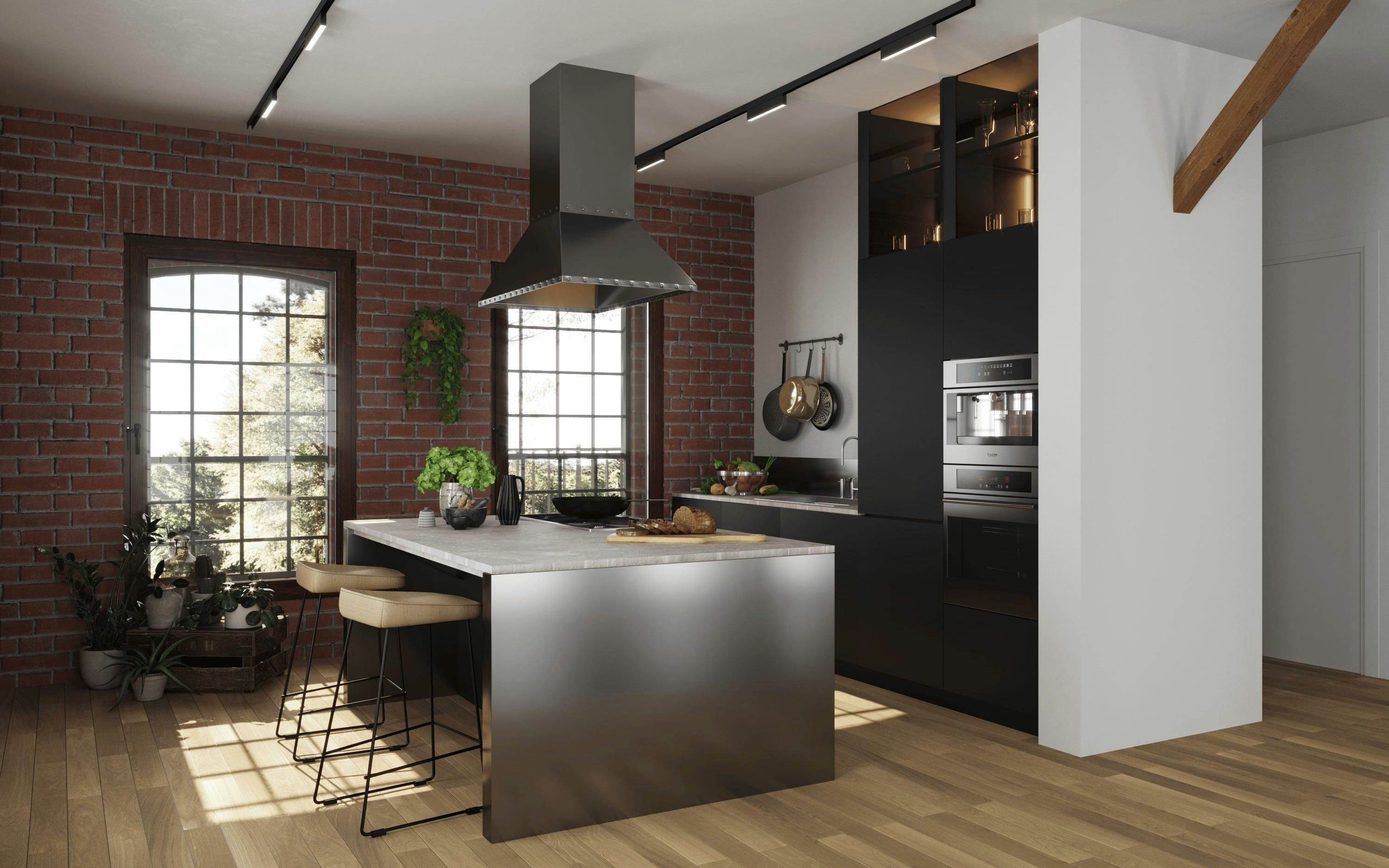 3D Interior Visualization of kitchen with cooking island in renovated historical property in loft style, Germany