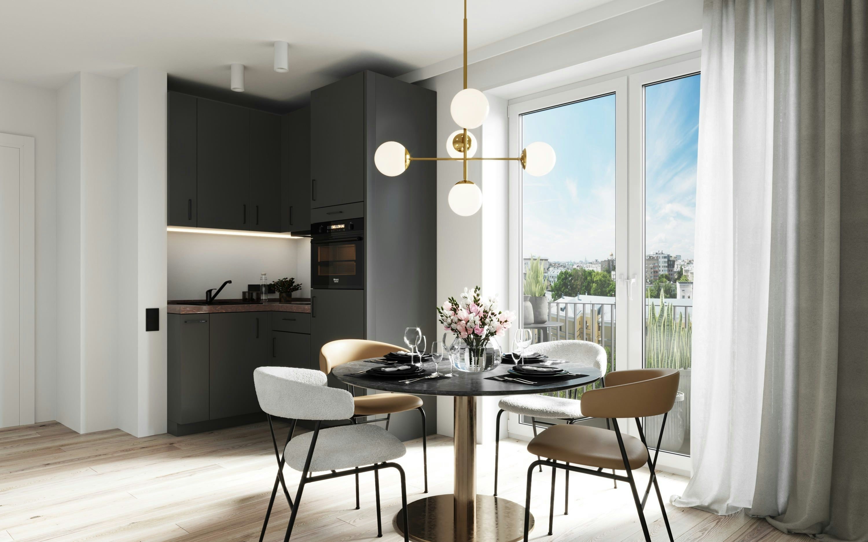 3D Architektur Innenvisualisierung von Essbereich und Küche in einer offenen Penthouse Wohnung in einem Mehrfamilienhaus in Hamburg Eimsbüttel, Deutschland