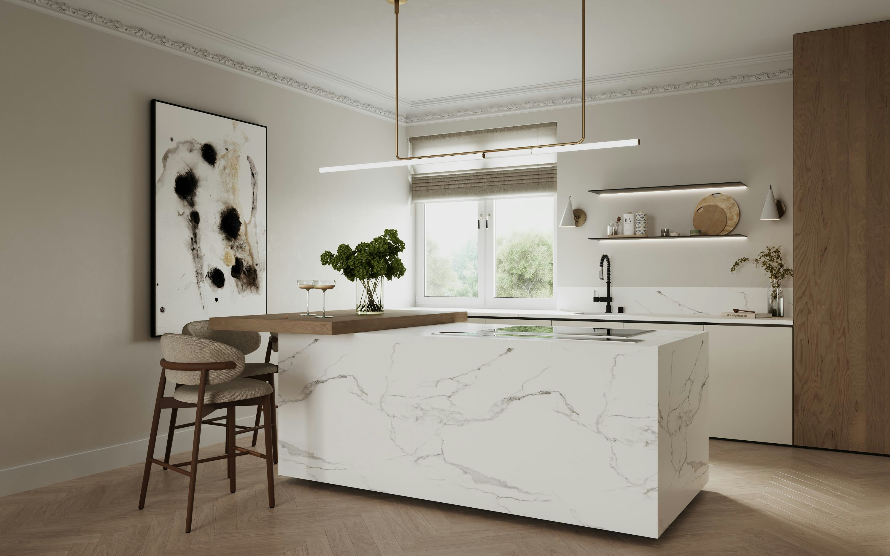 3D Interior Visualization of renovation of kitchen with island in old building apartment, Hamburg Germany