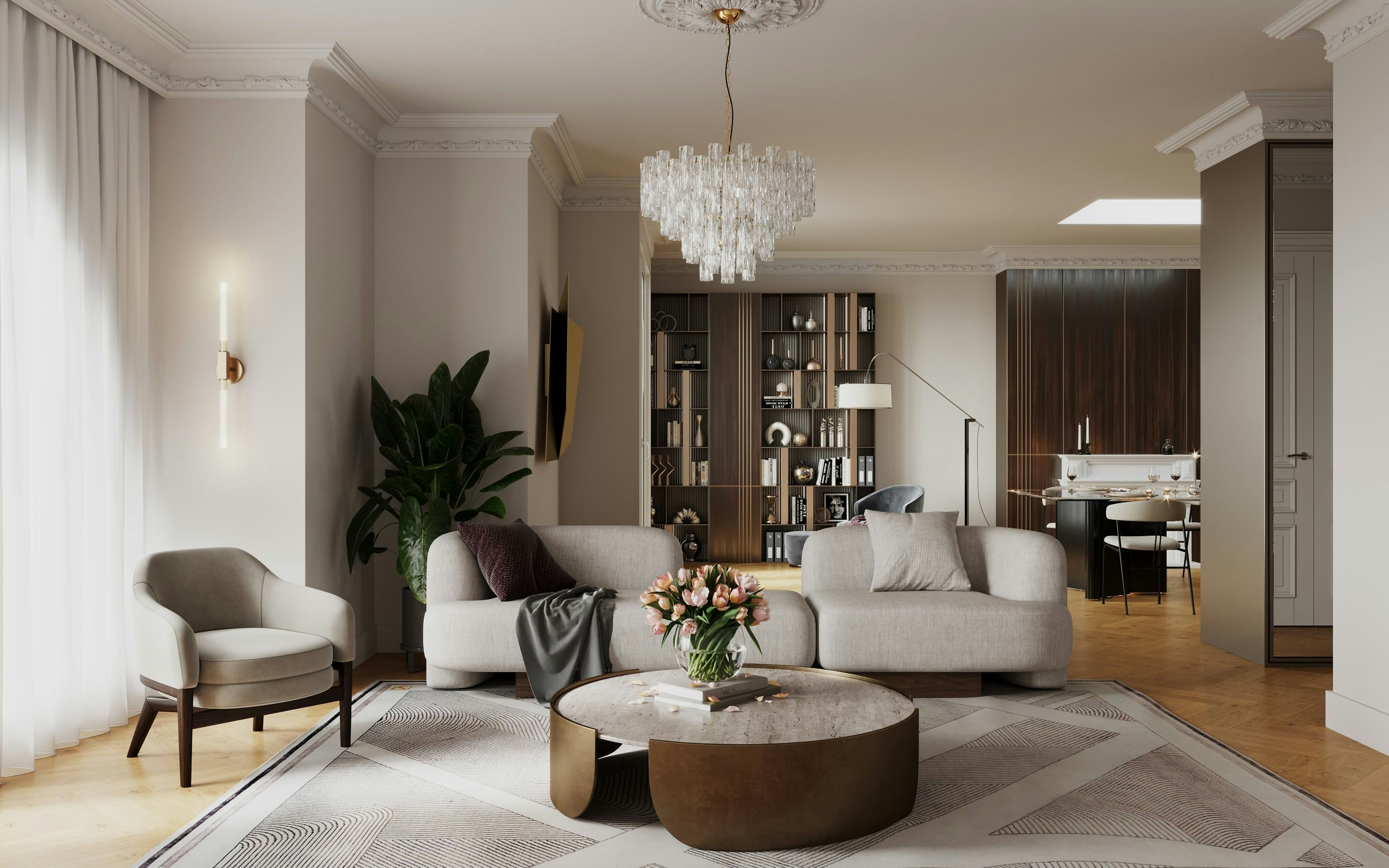 3D Interior Visualization of renovation of living room in old building apartment, Hamburg Germany