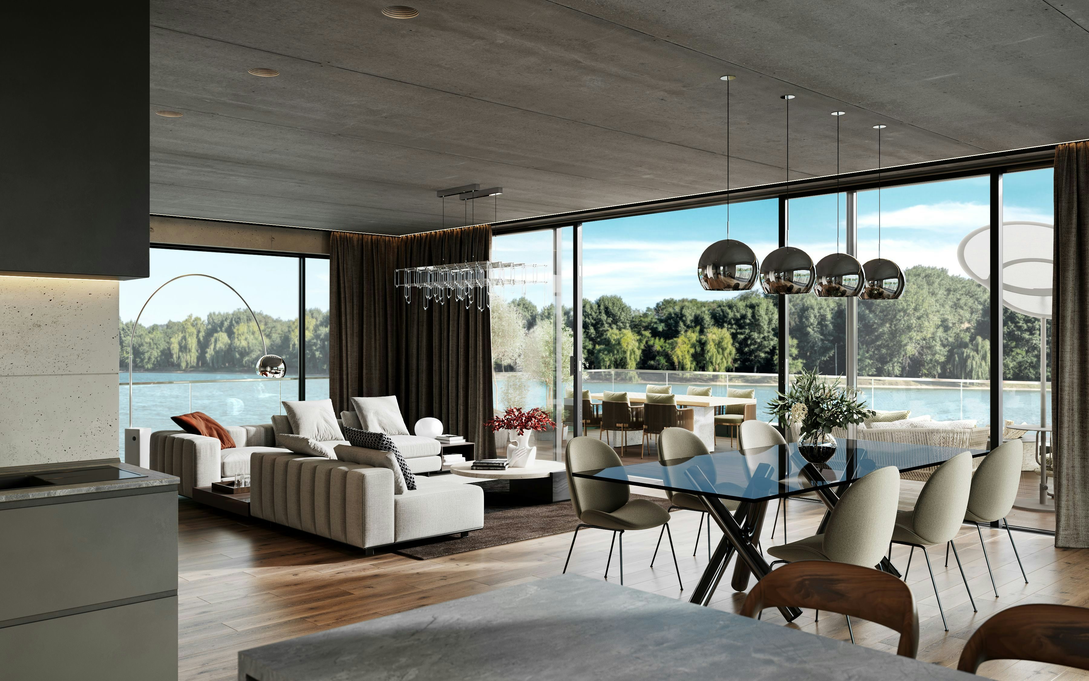 3D Interior Architectural Visualization of the luxurious apartment with the open space layout and modern furniture on the Tegel lake in Berlin Germany
