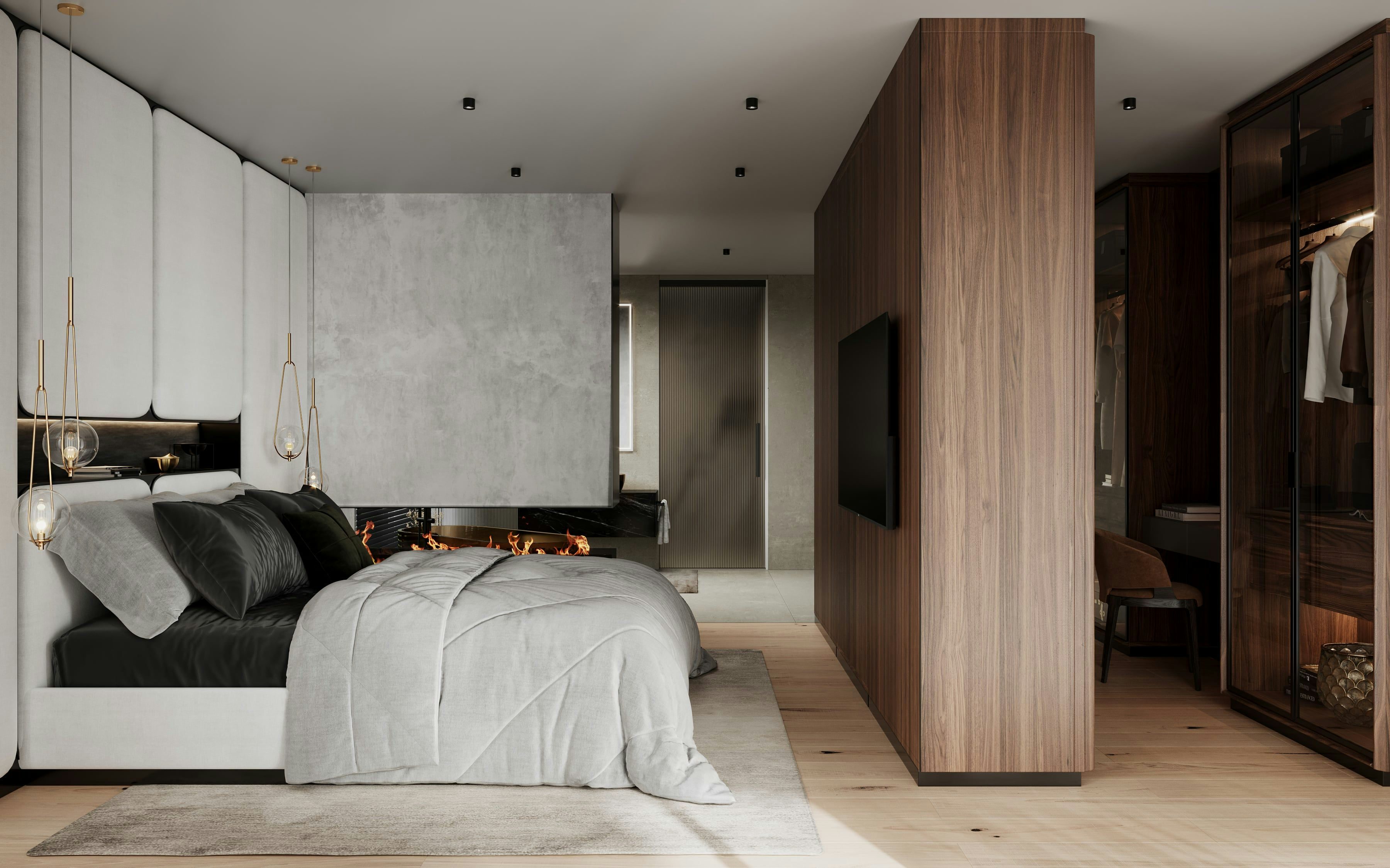 3D Innenvisualisierung eines Schlafzimmers mit begehbarem Kleiderschrank in einem Einfamilienhaus in Berlin, Deutschland