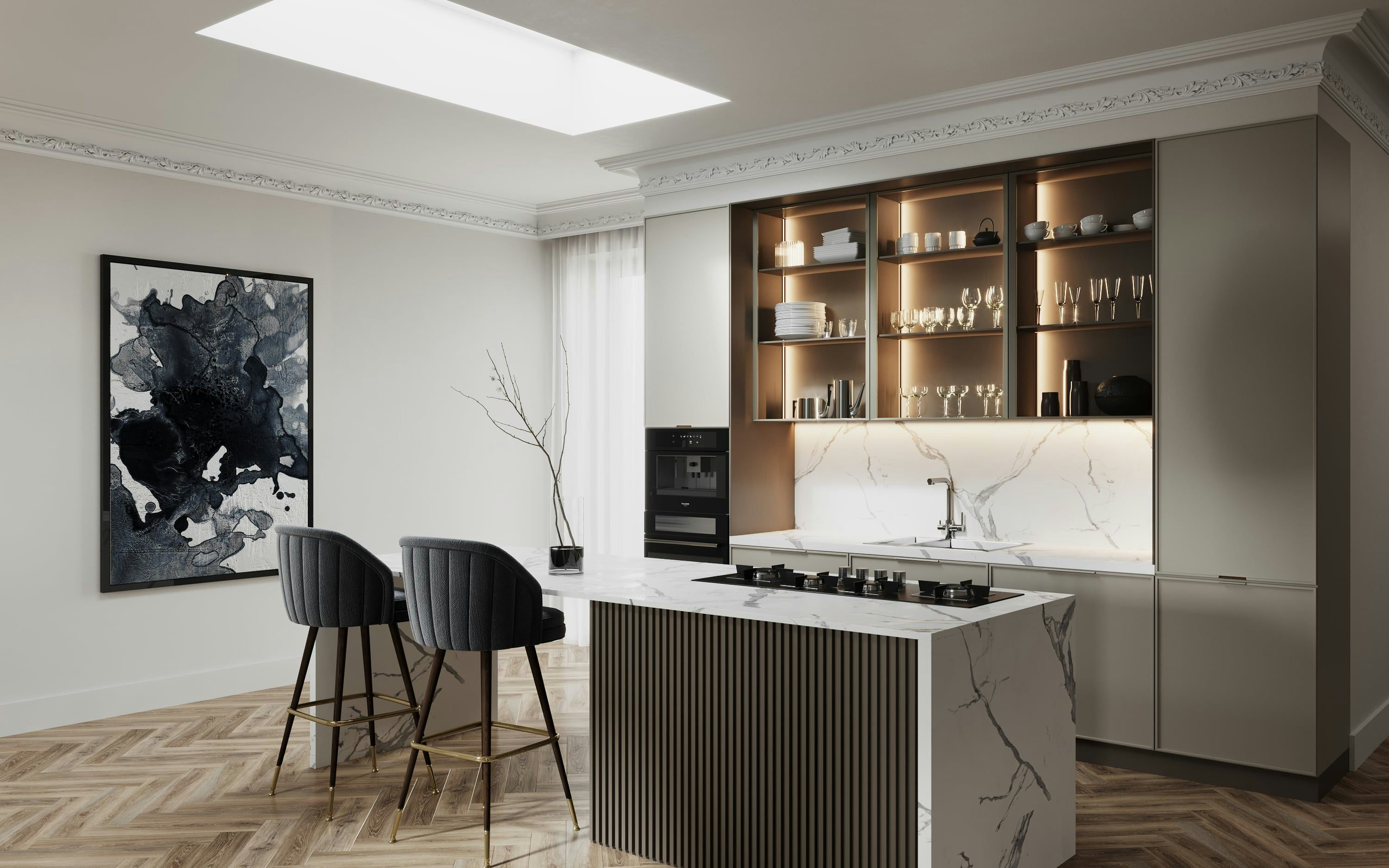 3D architectural Visualization of open space kitchen with island in renovated old building apartment, Hamburg Germany