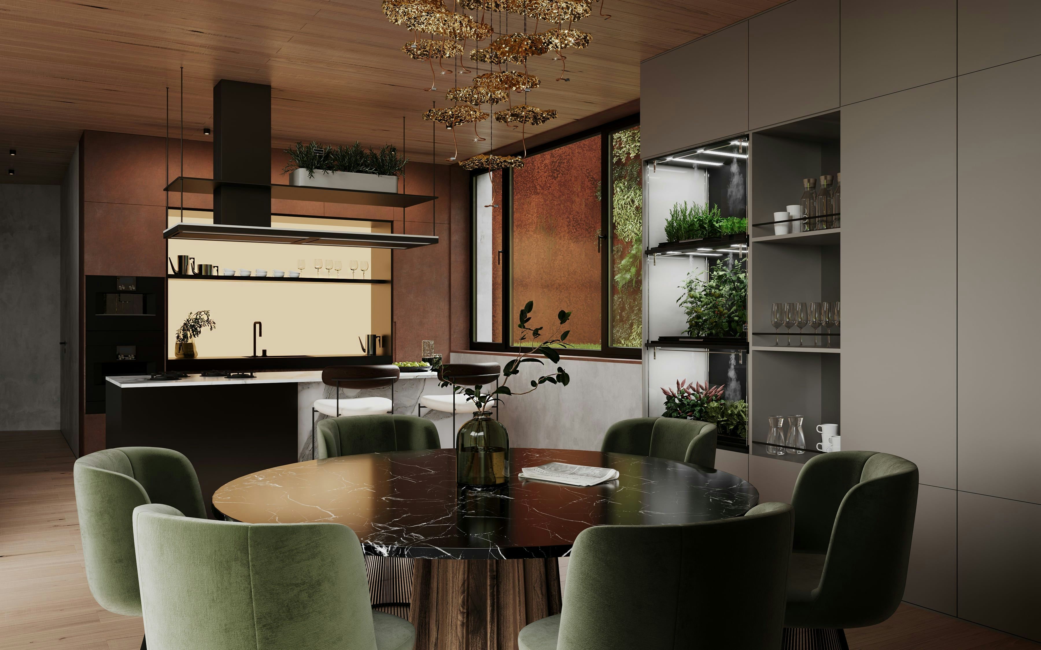 3D Innenvisualisierung von Esszimmer und Küche mit Hydrokultur in einem Privathaus in Berlin, Deutschland