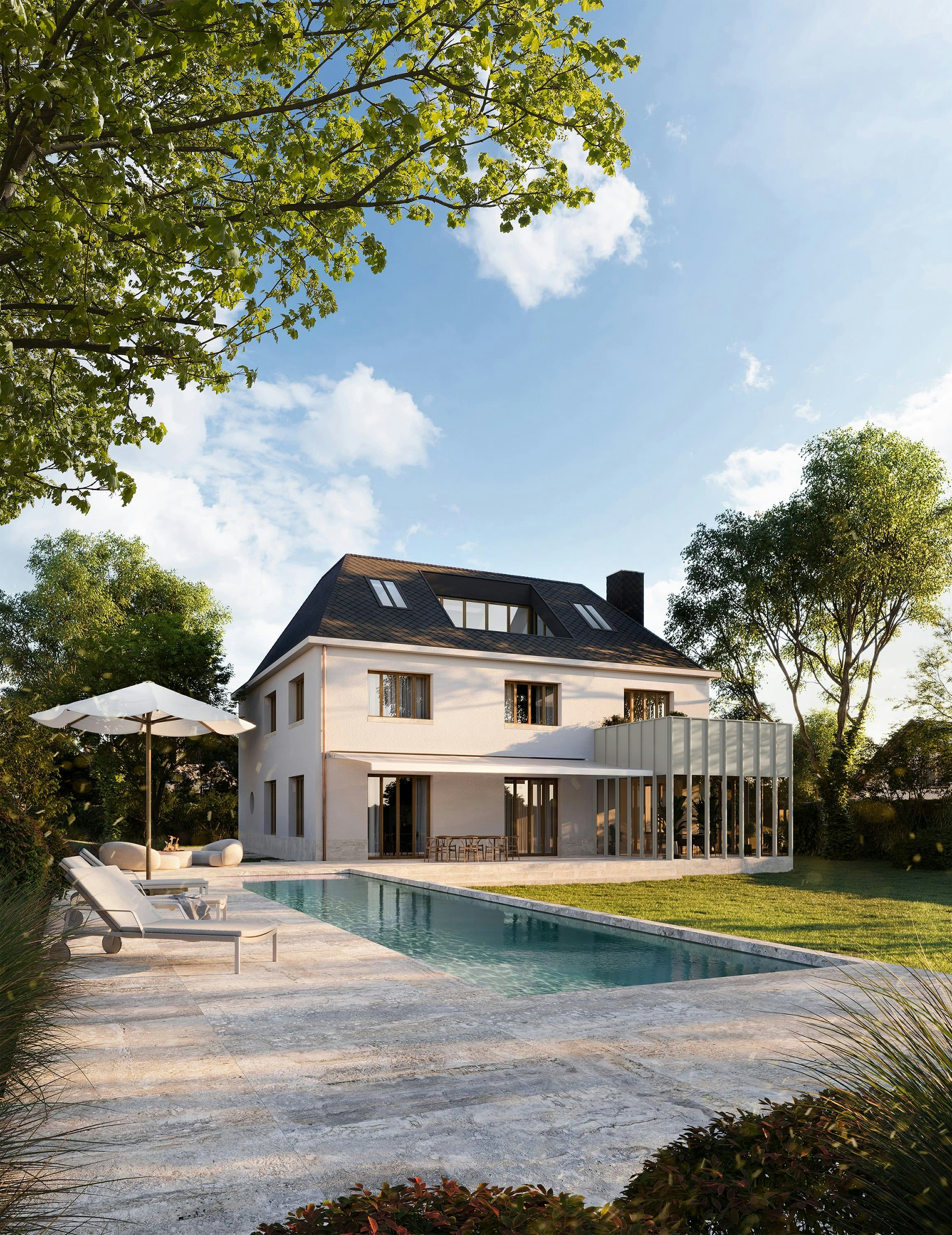 3D Architekturvisualisierung eines privaten, eleganten Hauses mit Pool und Fassadenvarianten