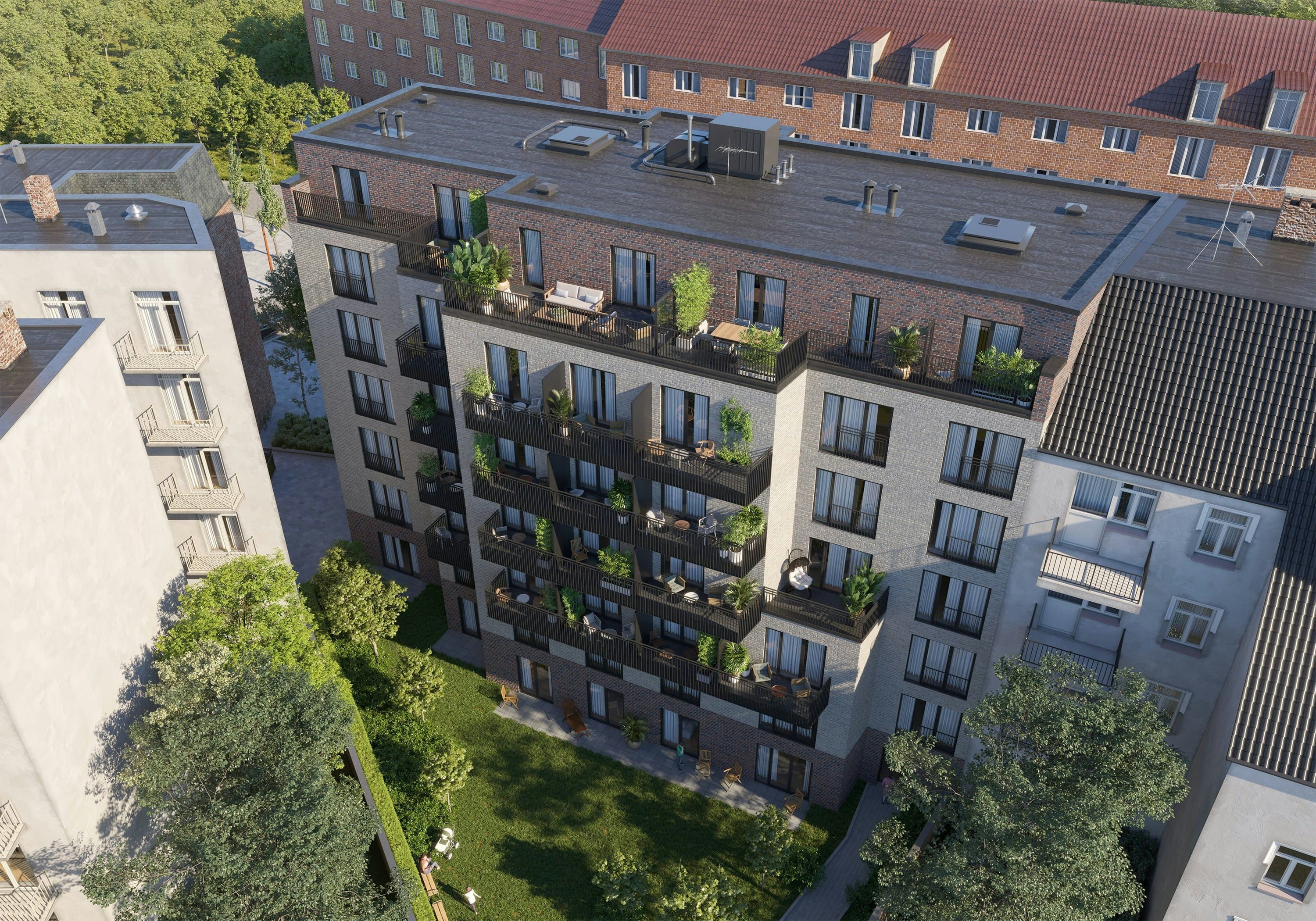 3D Außenvisualisierung des Mehrfamilienhauses mit kleinen Wohnungen und Innenhof in Hamburg Eimsbüttel, Deutschland