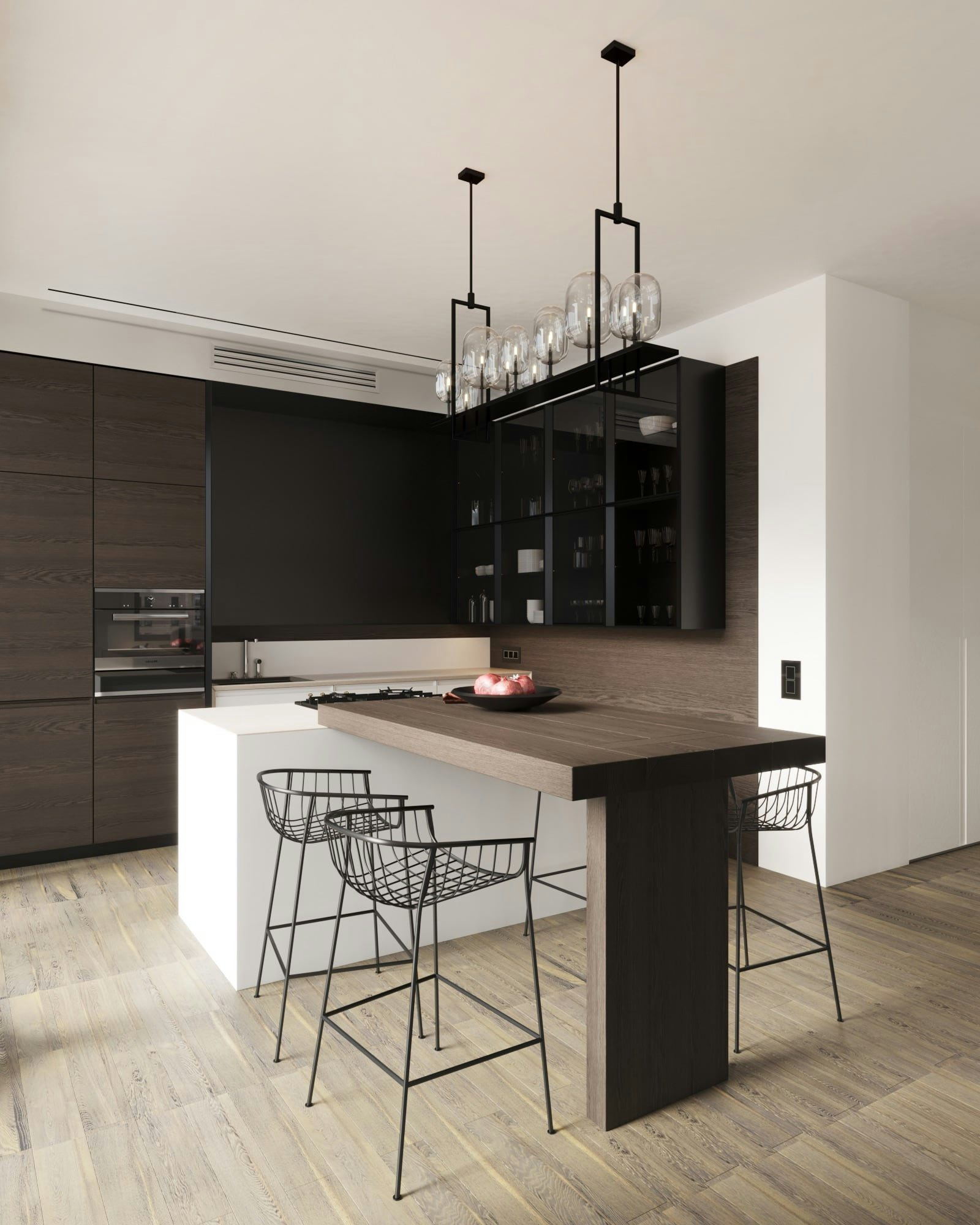 3D Architektur Visualisierung des Küchenraums in einer minimalistischen Wohnung in Berlin
