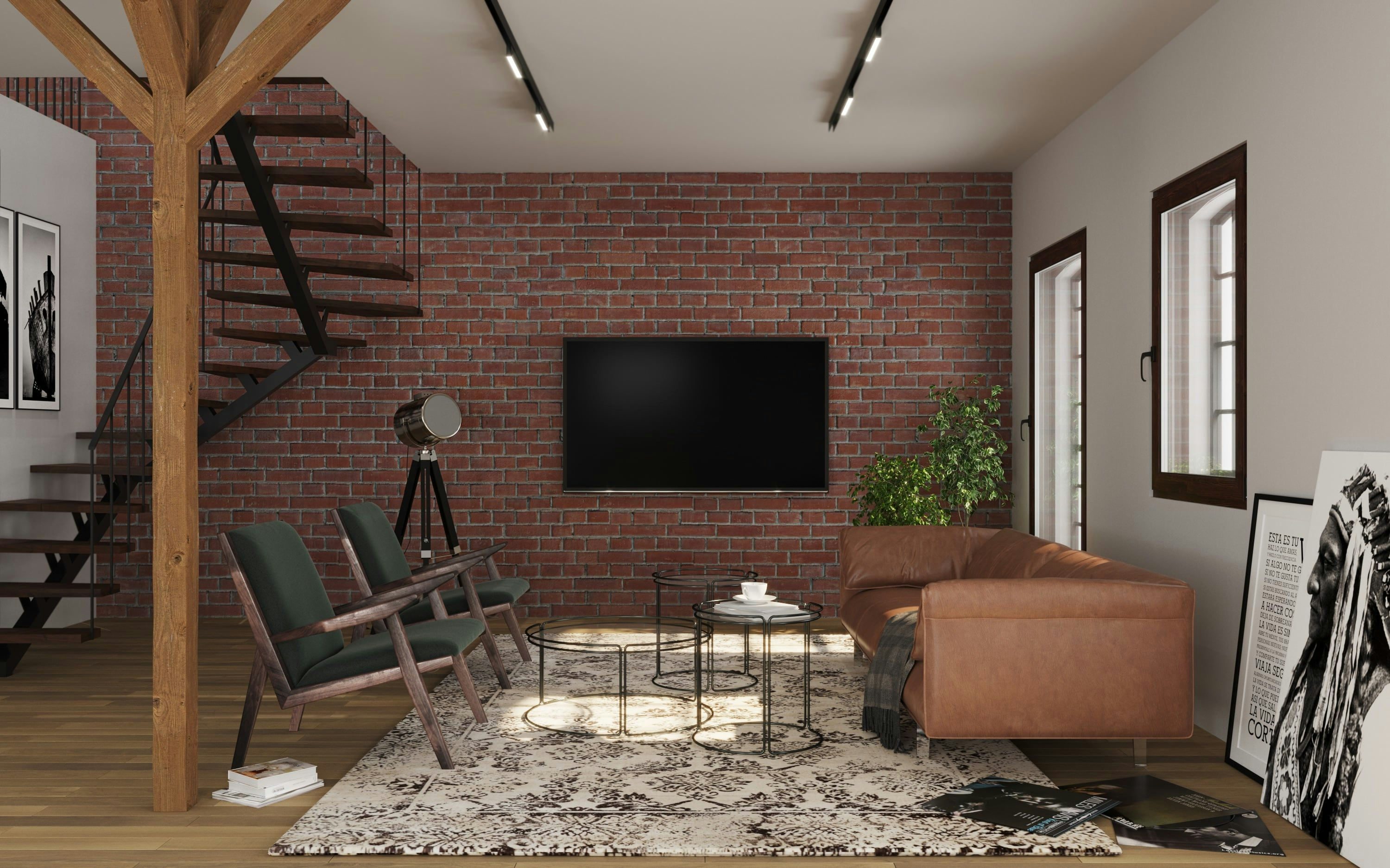 3D Innenvisualisierung eines Wohnzimmers in einem renovierten historischen Anwesen im Loft-Stil, Deutschland