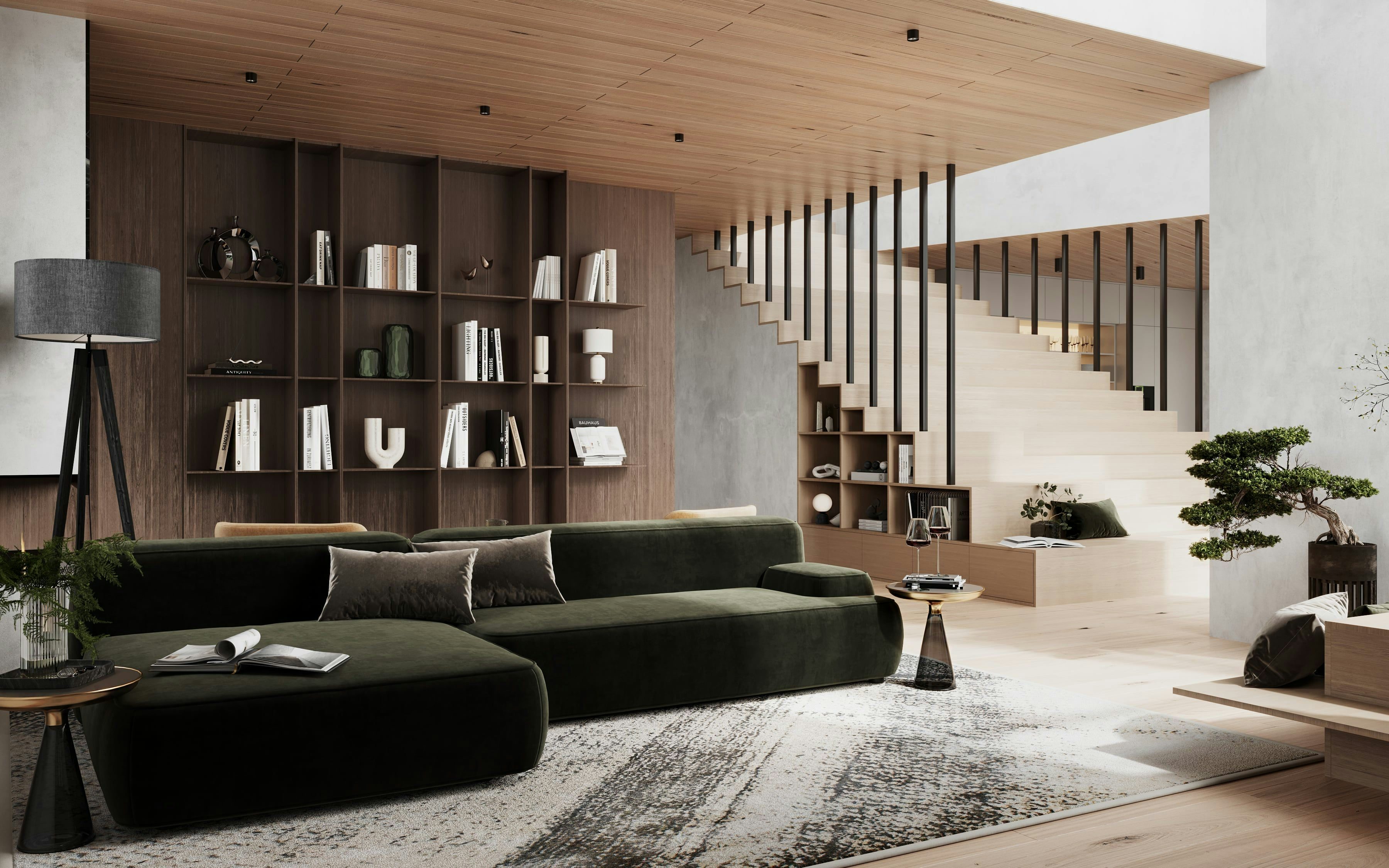 3D Architekturvisualisierung von Wohnzimmer mit Treppe in einem Einfamilienhaus in Berlin, Deutschland
