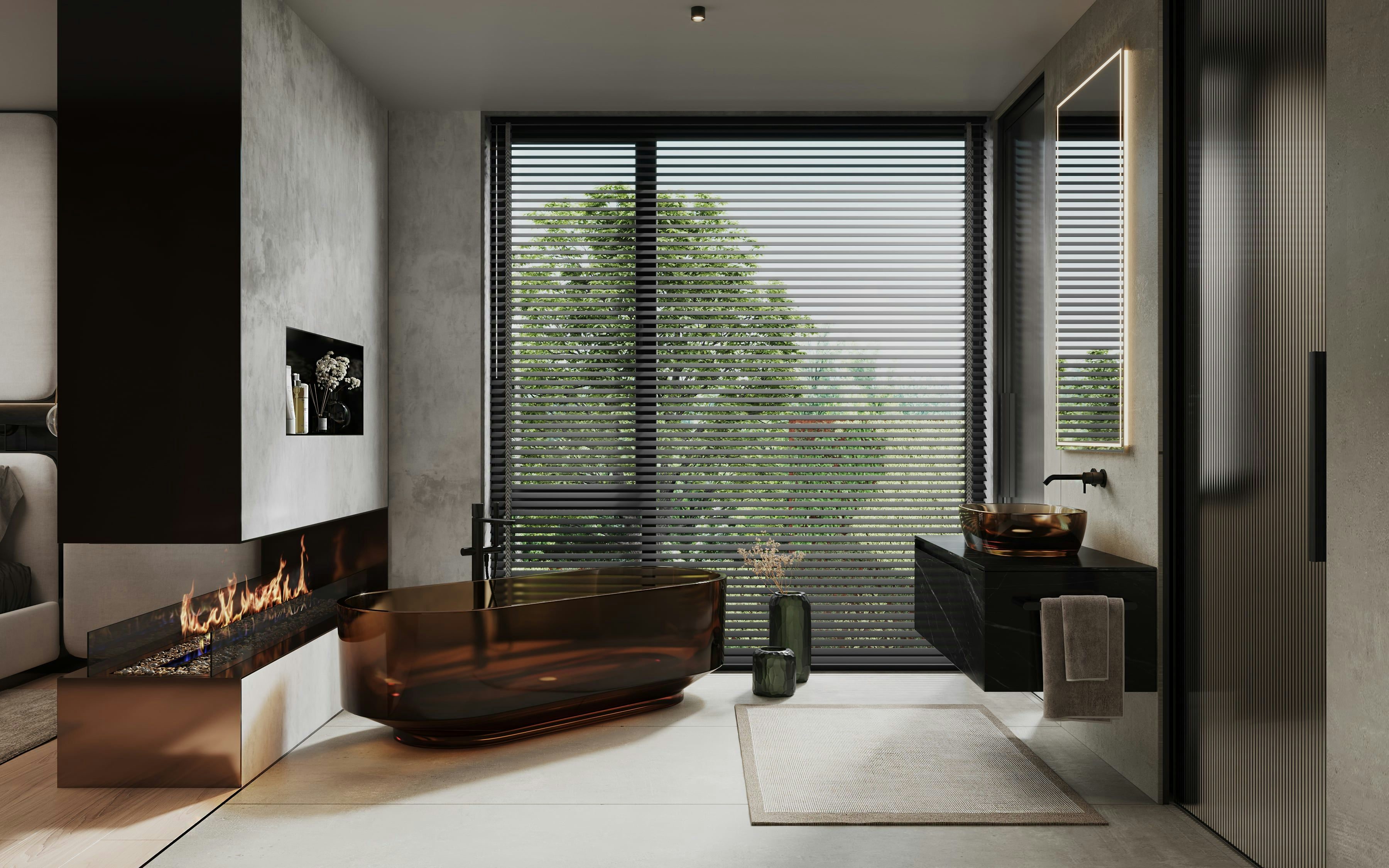 3D Interior Visualization of bathroom with fireplace in one family house Berlin, Germnay