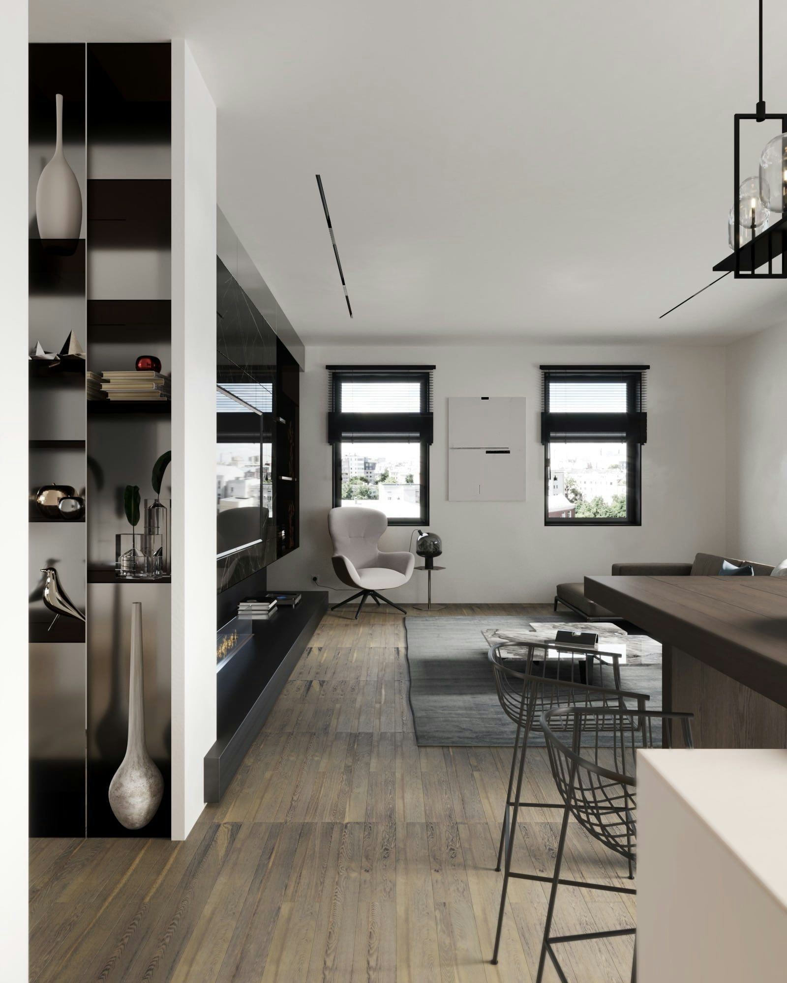 3D Innen Architektur Visualisierung des Wohnraums in einer minimalistischen modernen Wohnung in Berlin