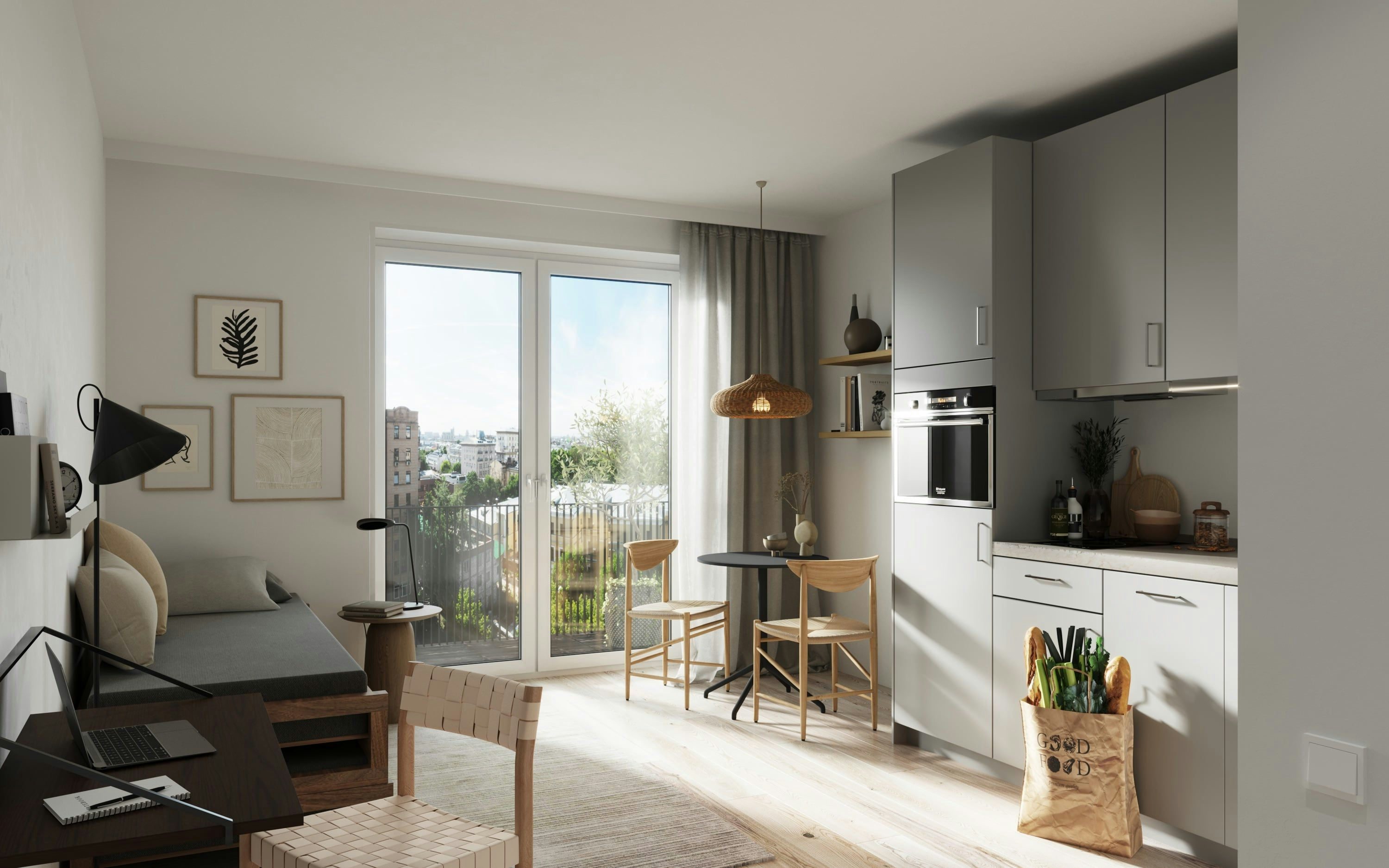 3D Innenvisualisierung der kleinen Wohnung mit Küche und Wohnzimmer in Hamburg Eimsbüttel, Deutschland