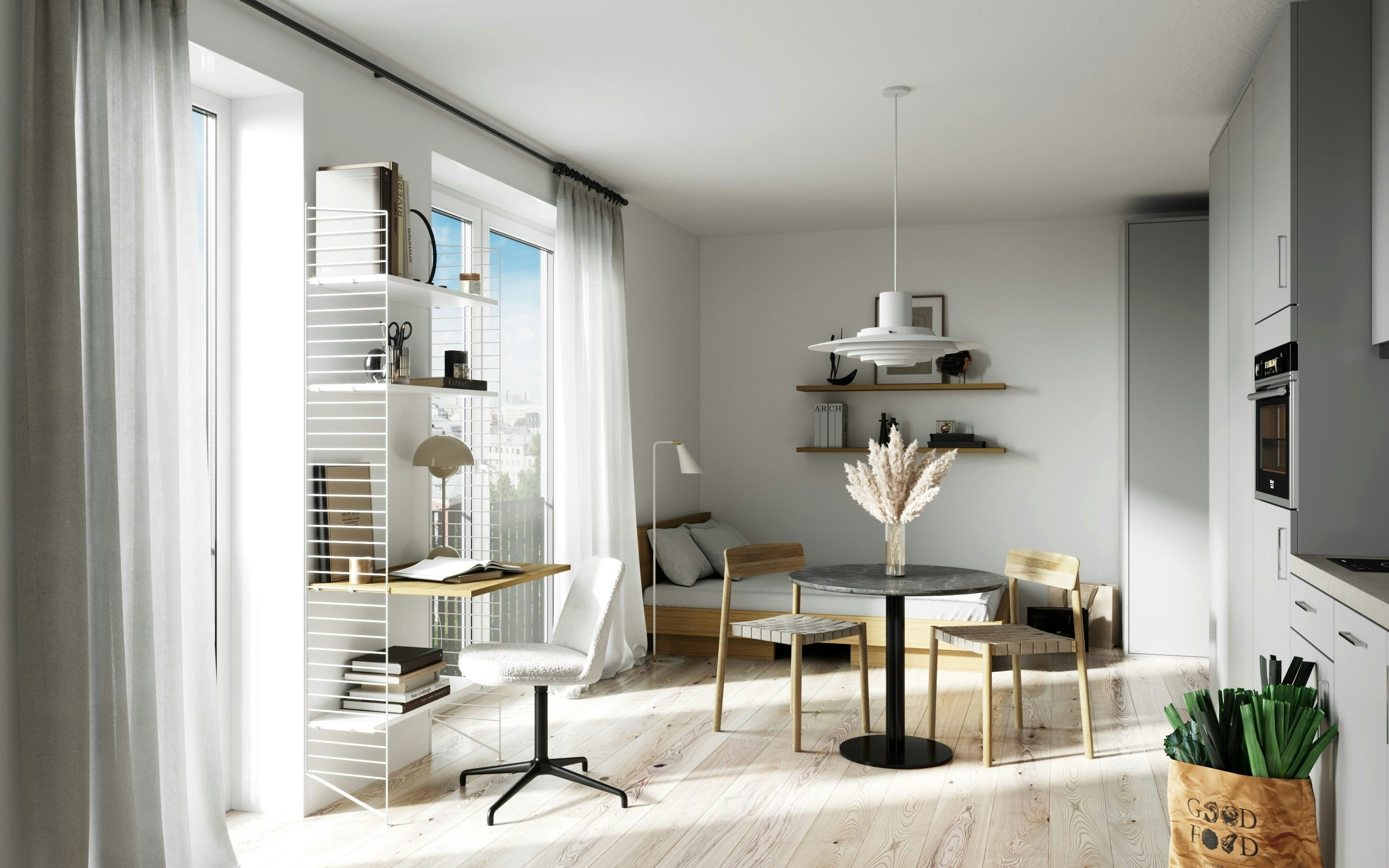 3D Innenarchitekturvisualisierung einer kleinen Wohnung mit Küche, Schlafzimmer und Essbereich in Hamburg Eimsbüttel, Deutschland