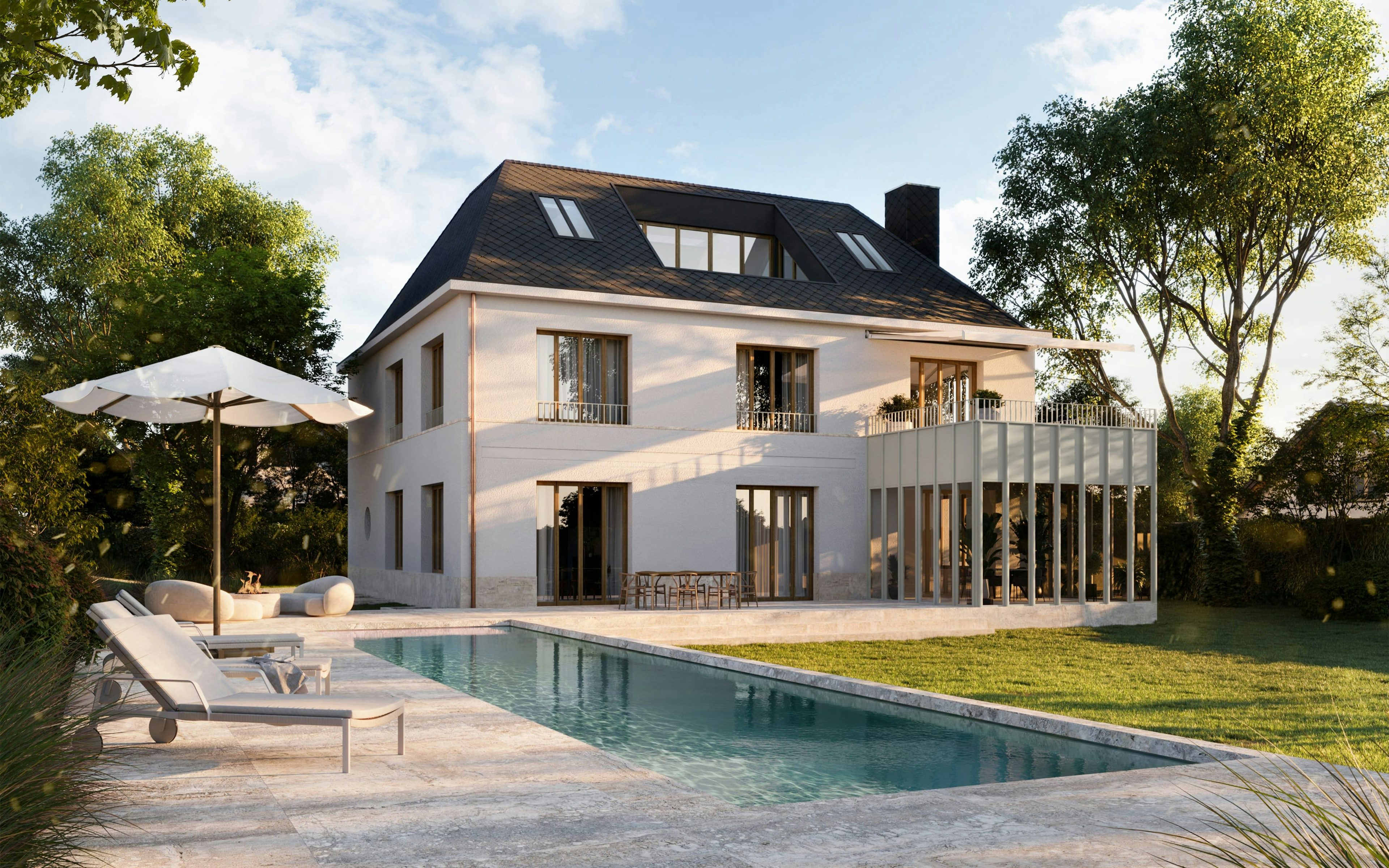 3D Architectural Visualization of private elegant house with pool with facade variations