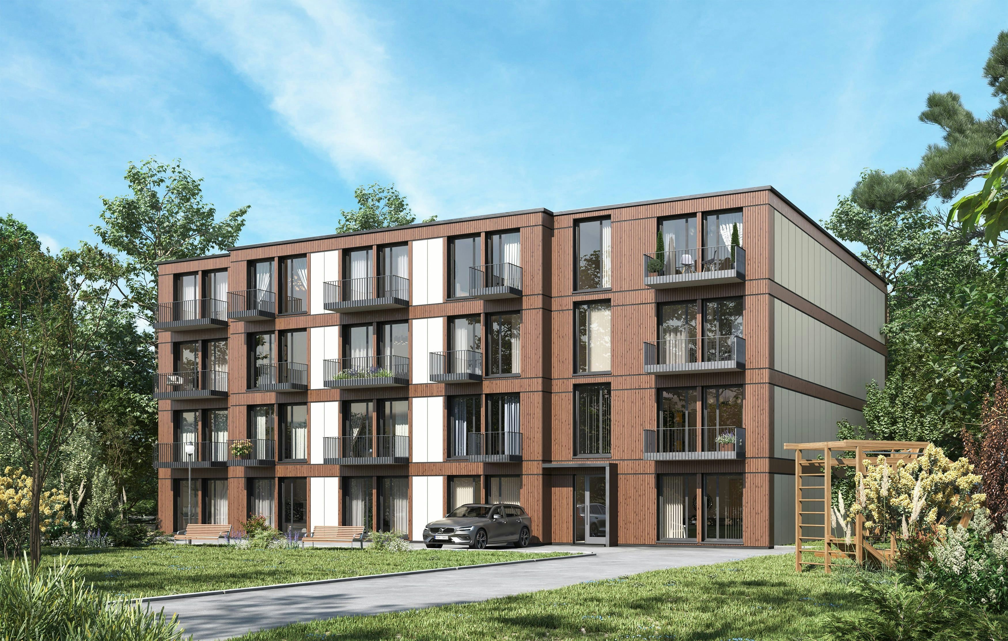 3D Außenarchitekturvisualisierung eines vorgefertigten modularen Mehrfamilienhauses in Deutschland