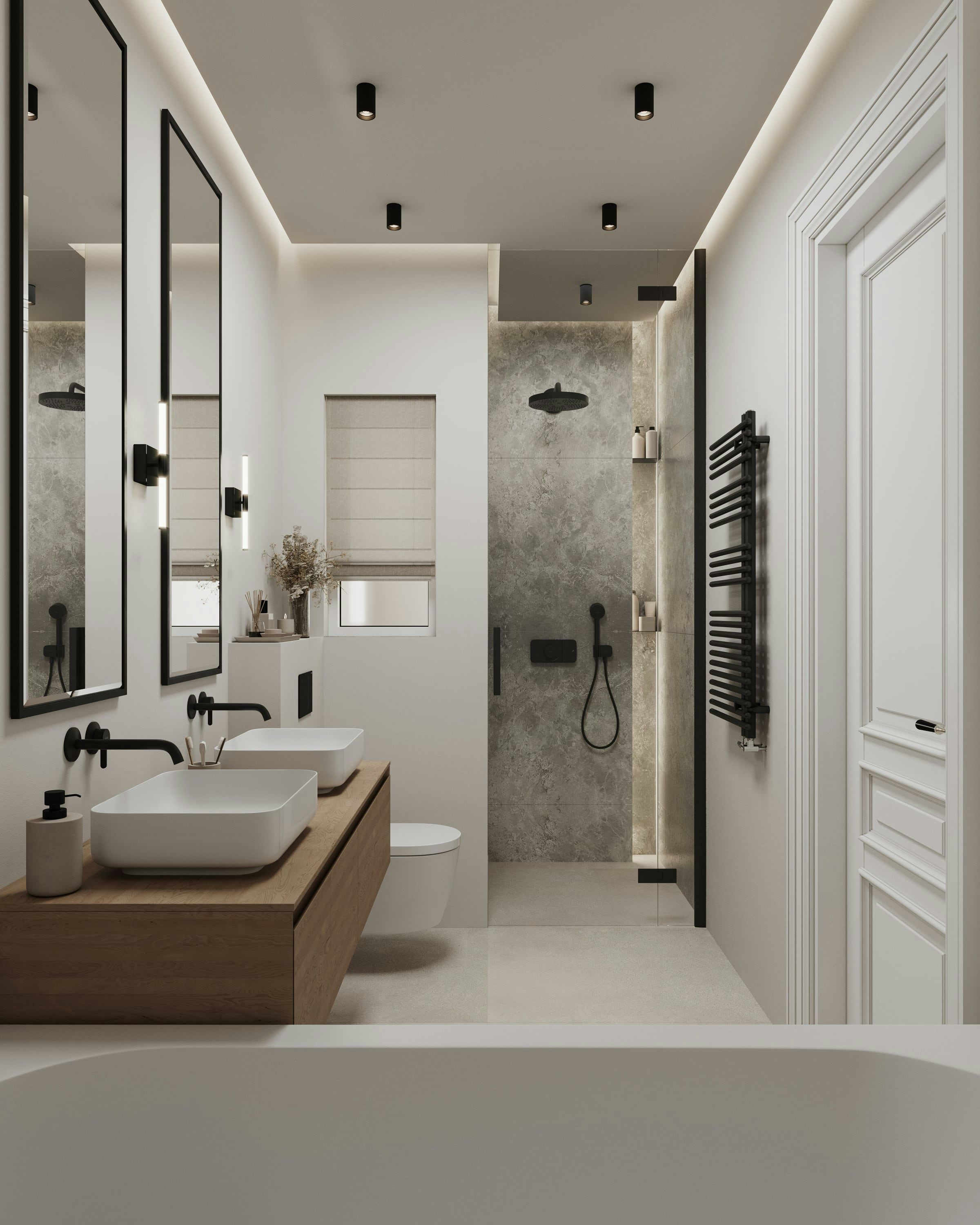 3D Interior Visualization of renovation of bathroom with bath and shower in old building apartment, Hamburg Germany