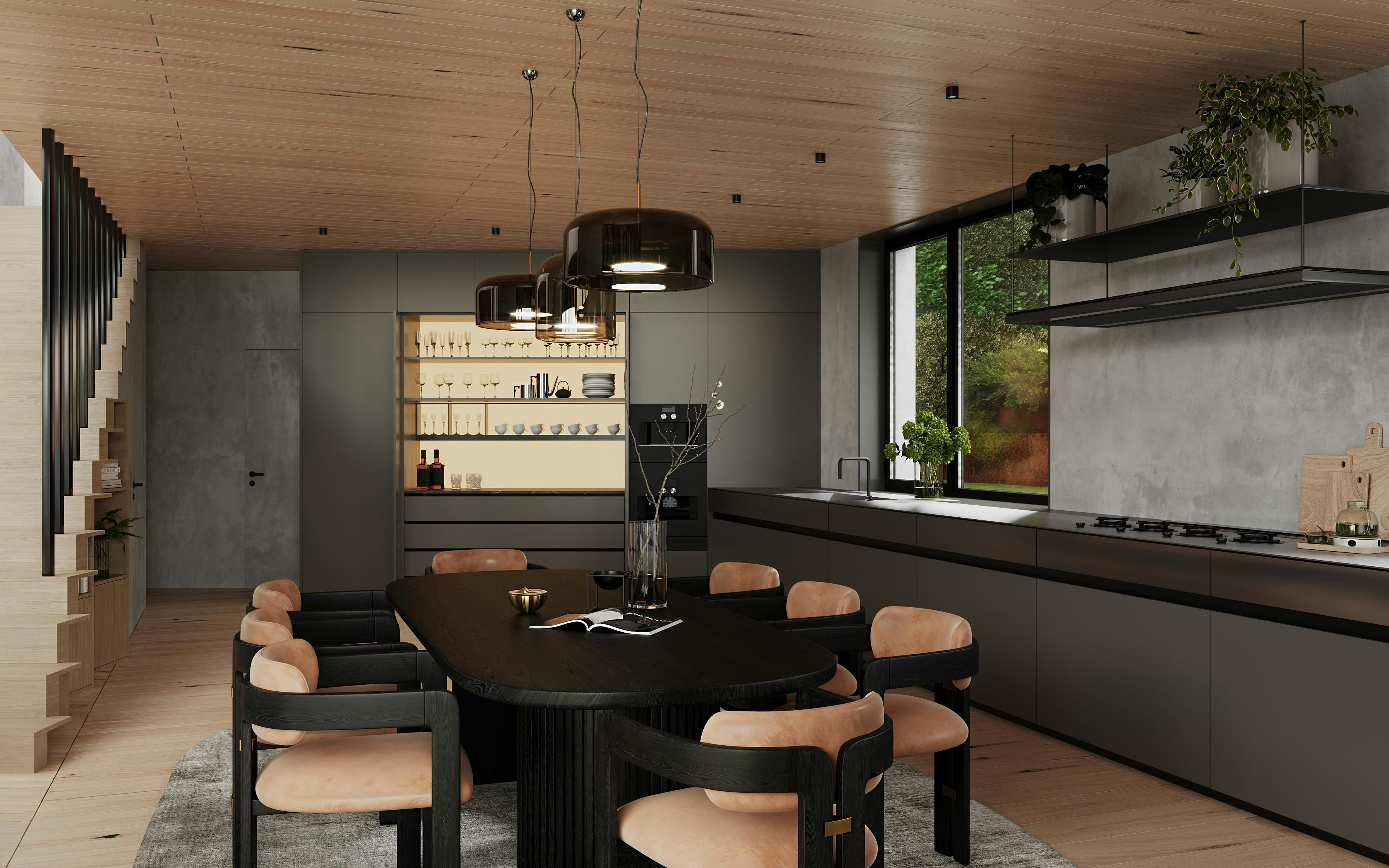 3D Interior visualization of Kitchen with dining space in one family house Berlin, Germnay