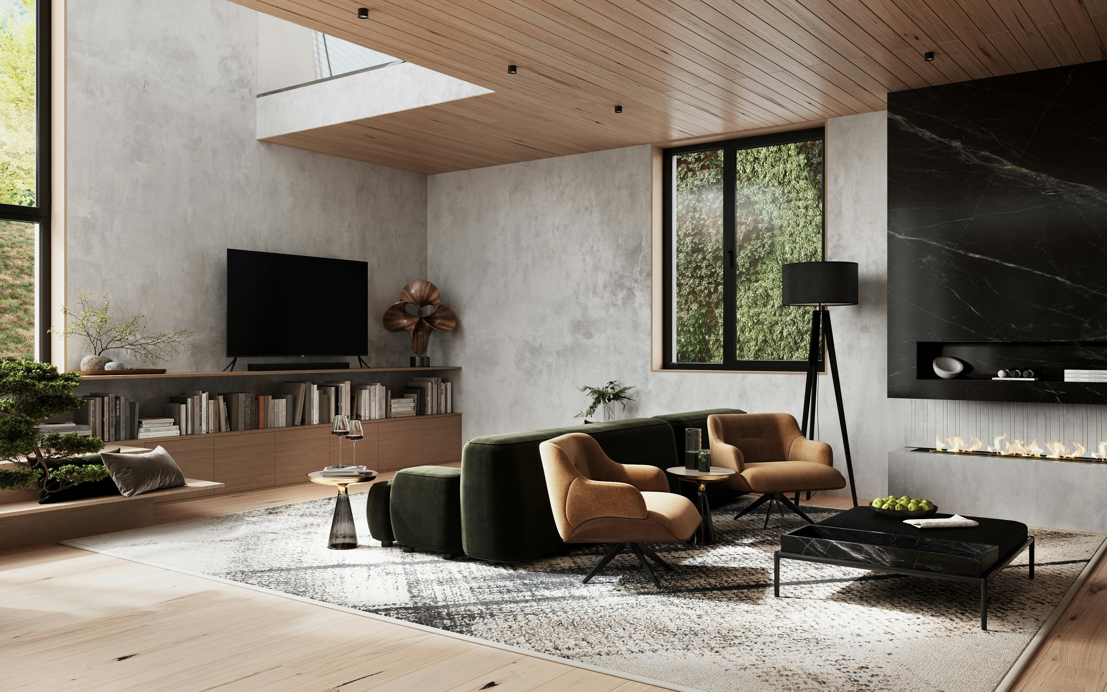 3D architectural visualization of Living room with fireplace in one family house Berlin, Germnay