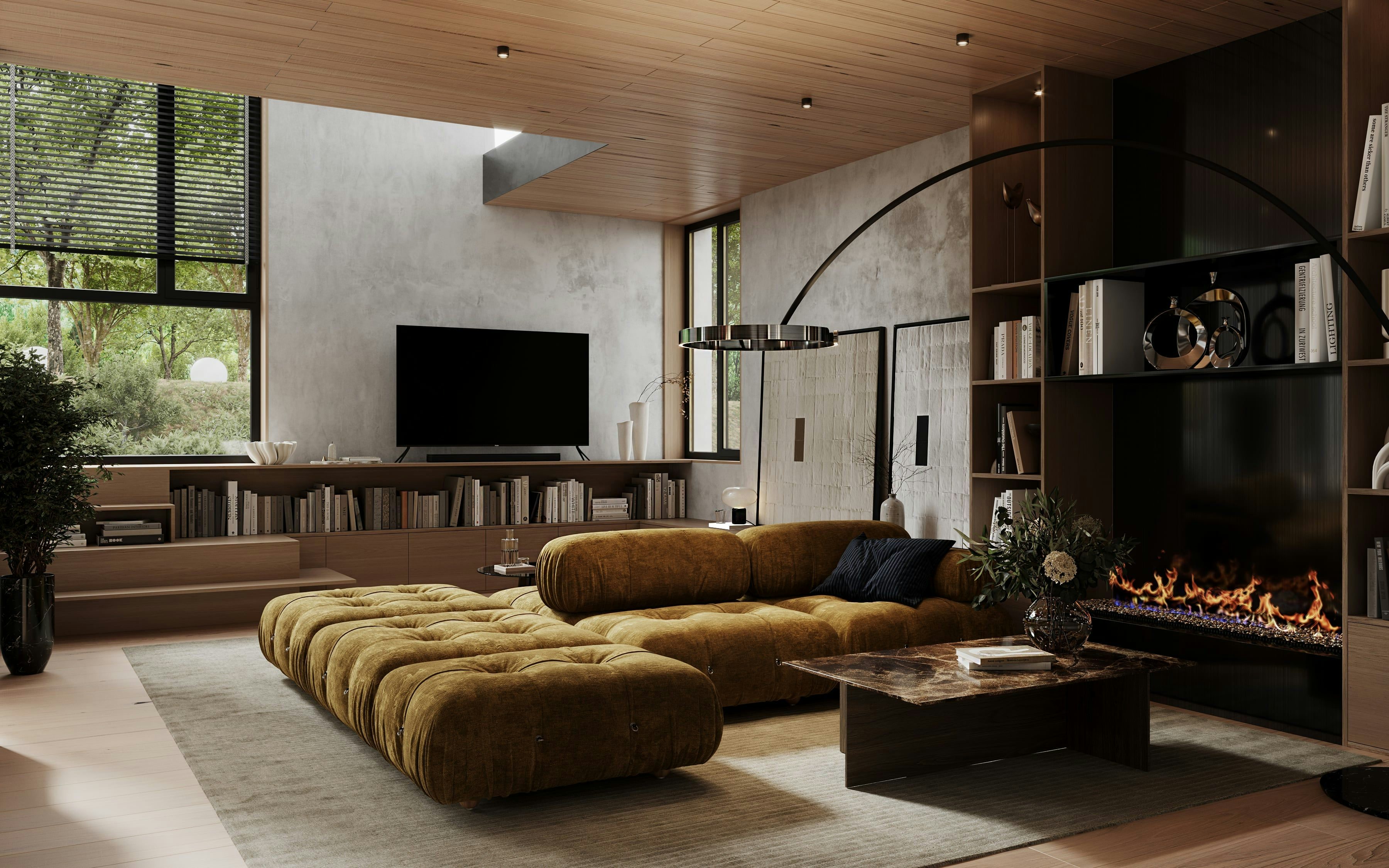 3D Architectural Visualization of living room with fireplace and library in private house Berlin, Germnay