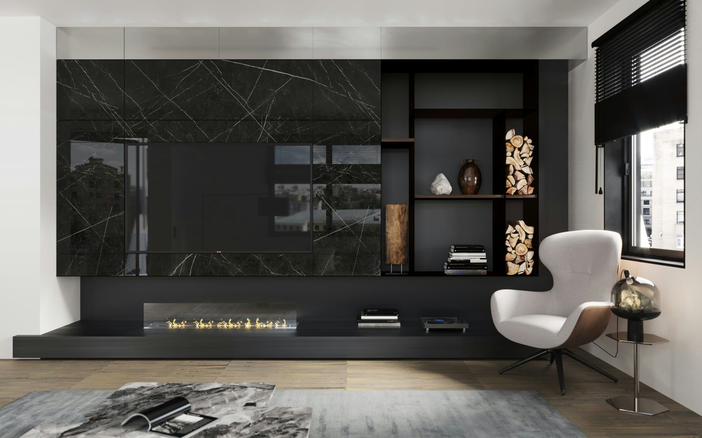3D Innen Visualisierung eines Wohnzimmers mit Kamin in einer Berliner Wohnung
