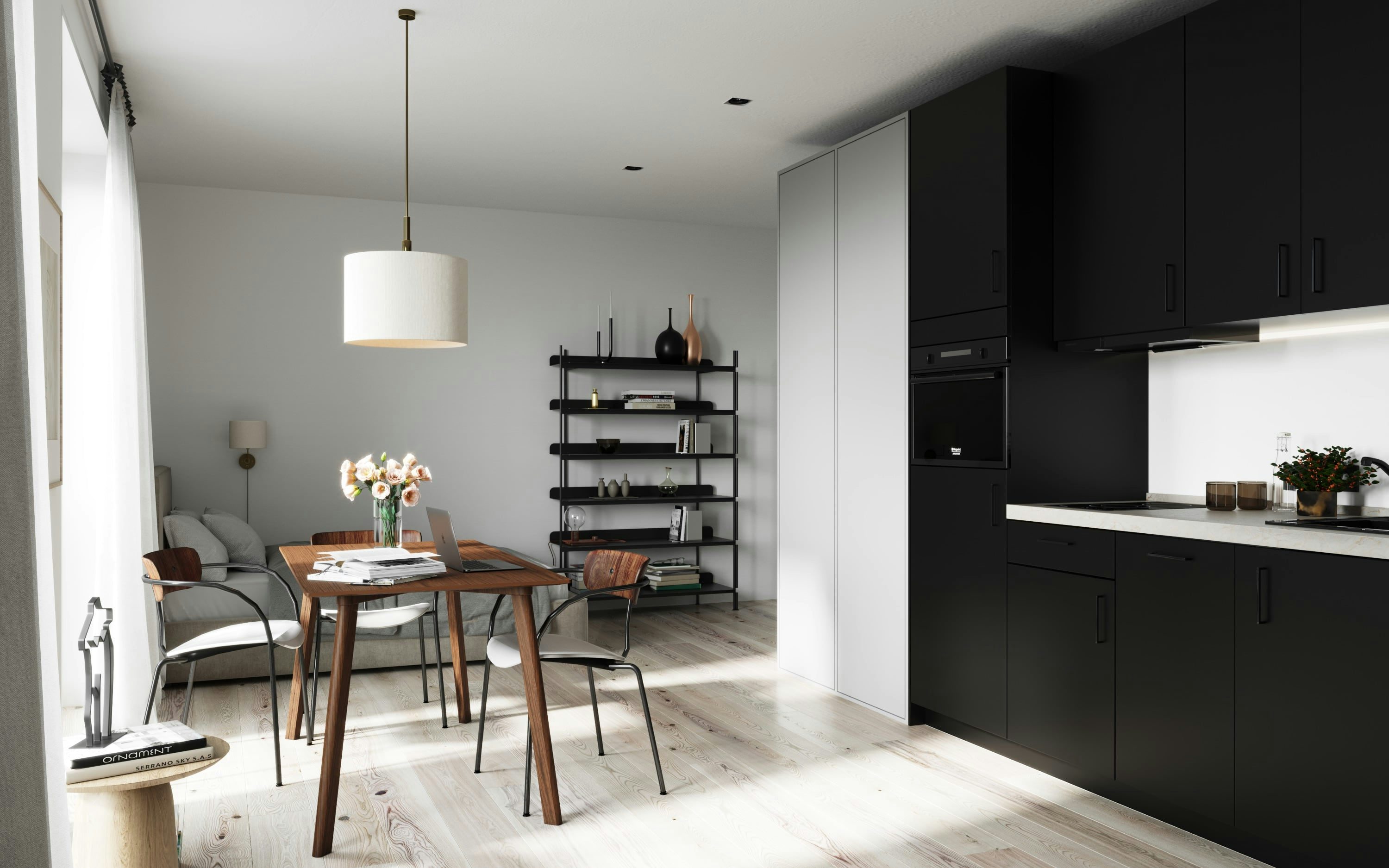 3D Architektur Innenraum Visualisierung einer kleinen Wohnung mit Küche und Wohnzimmer in Hamburg Eimsbüttel, Deutschland