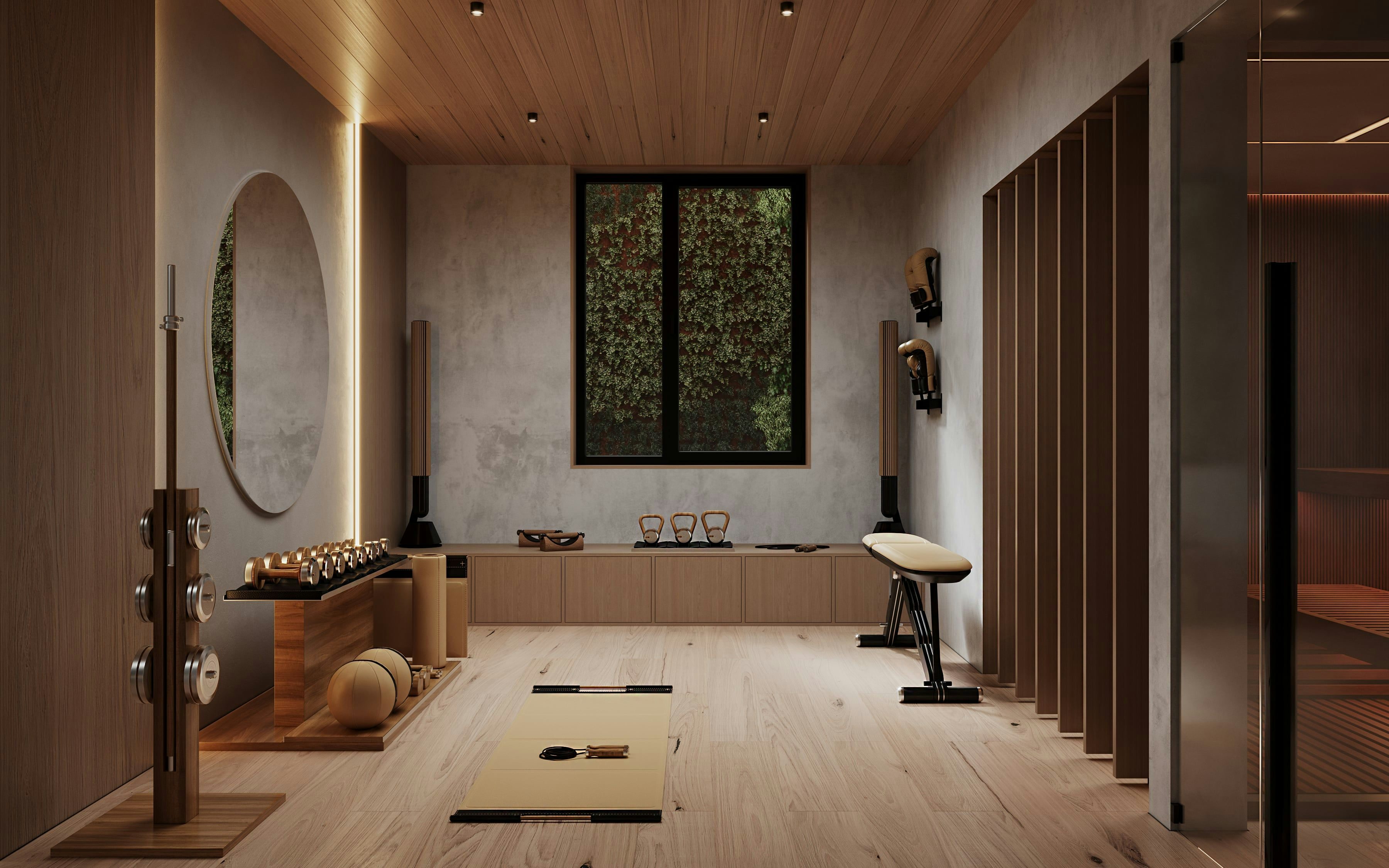 3D-Architekturvisualisierung eines privaten Fitnessstudios mit Sauna in einem Einfamilienhaus in Berlin, Deutschland