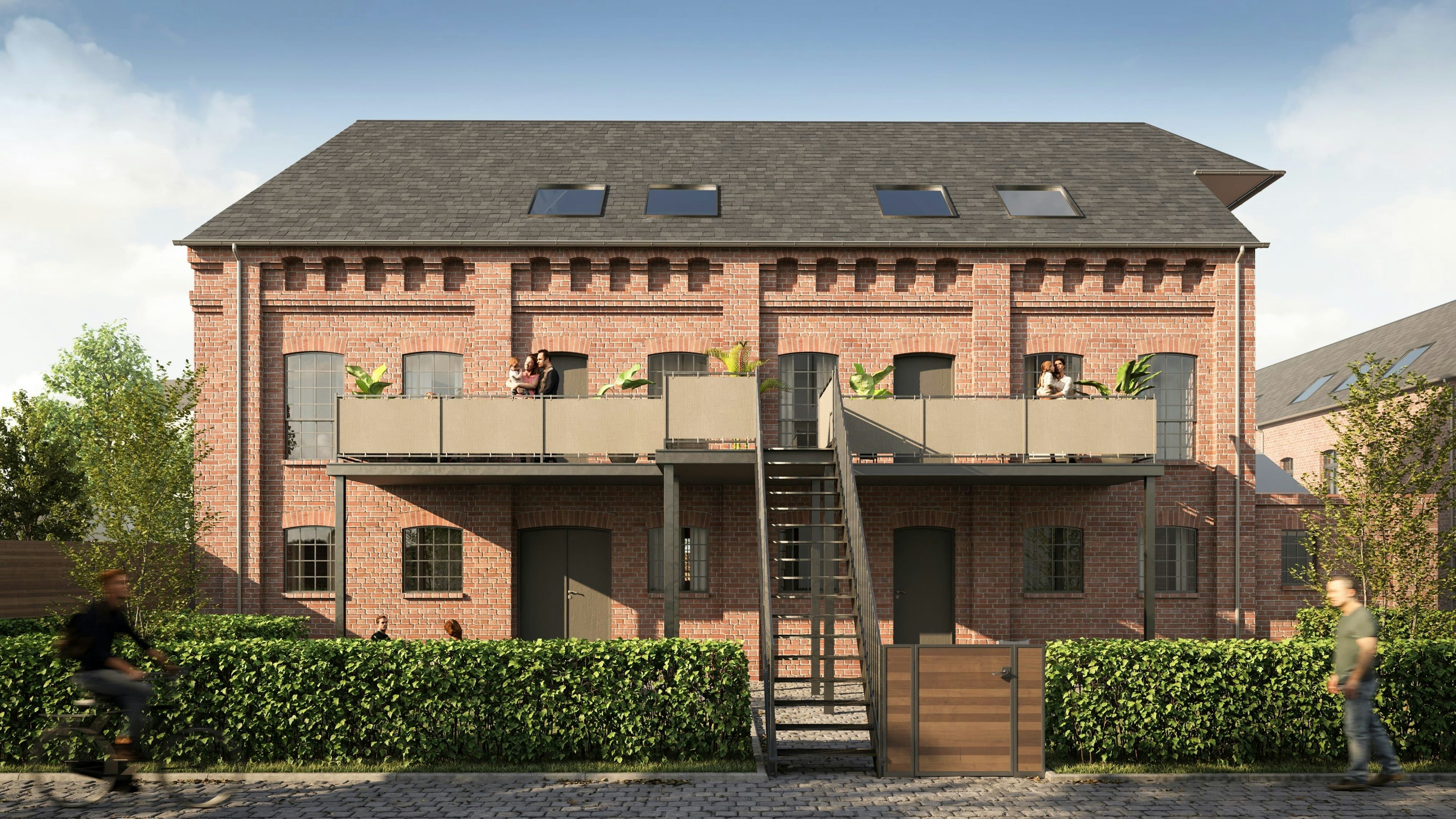 3D Außenvisualisierung eines renovierten historischen Mehrfamilienhauses