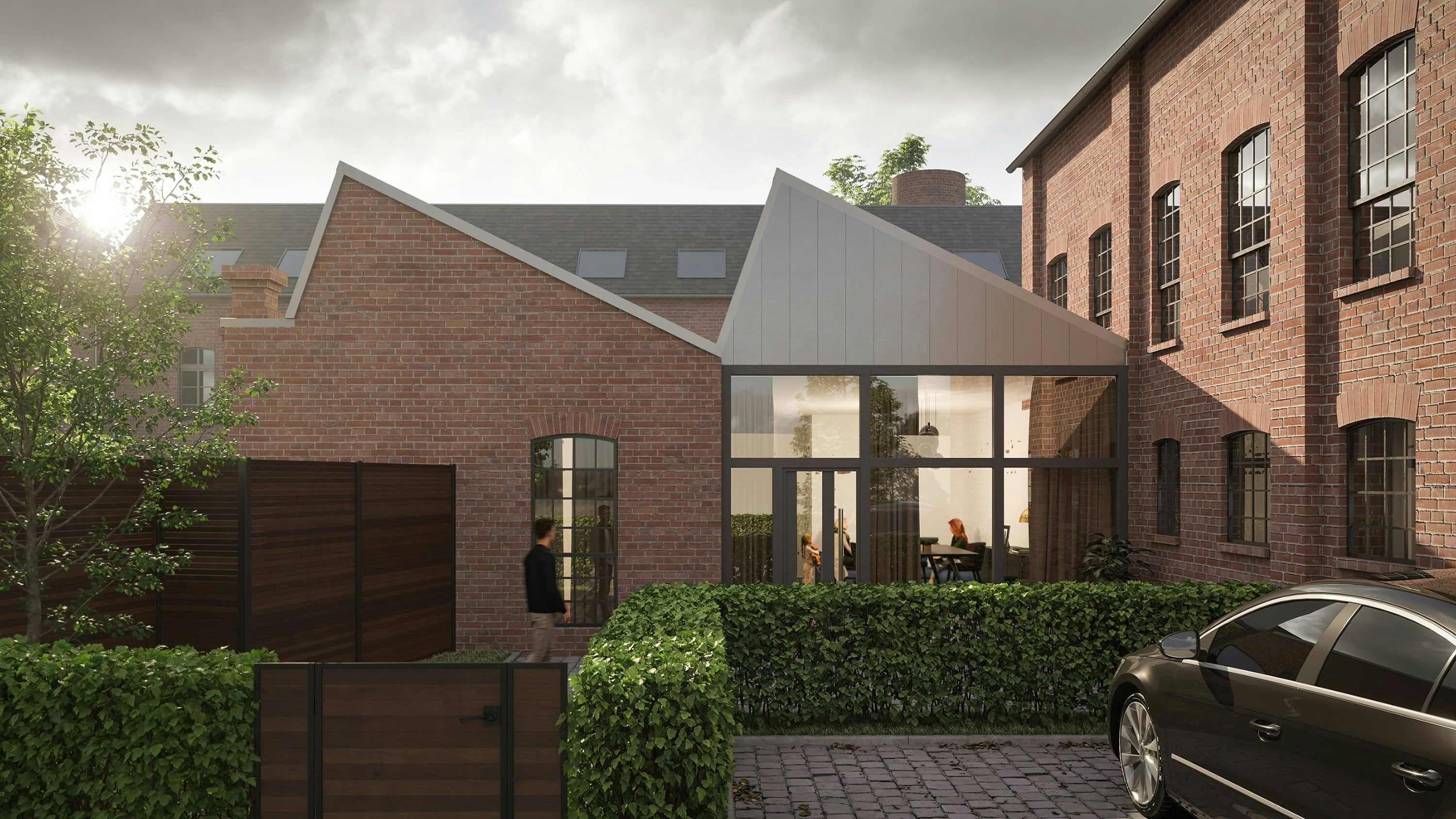 3D Außen Visualisierung eines renovierten historischen Mehrfamilienhauses mit Parkplätzen und privatem Innenhof