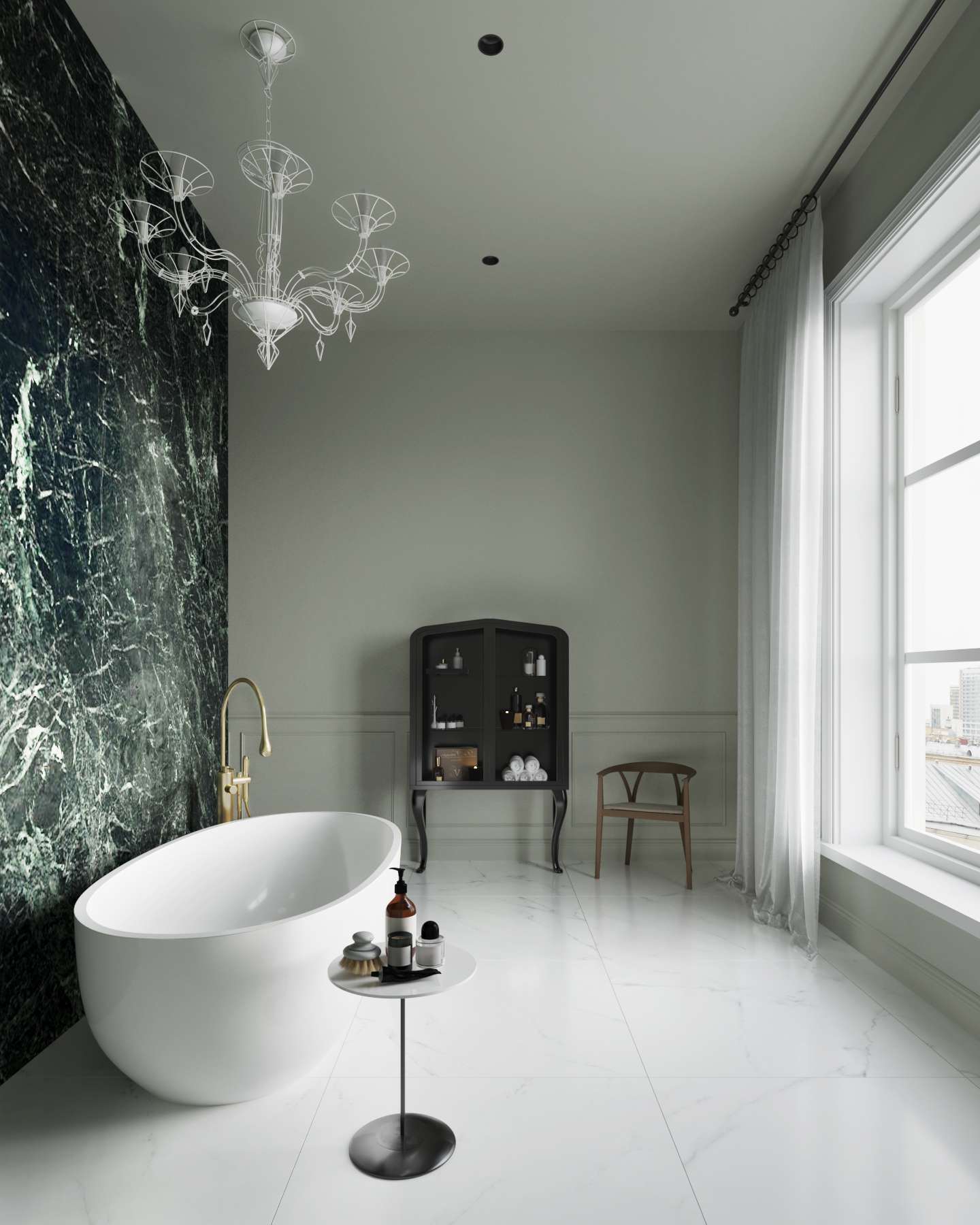 3D Visualisierung des Hauptbadezimmers mit freistehender Badewanne im Luxus Altbauwohnung in Hamburg, Deutschland