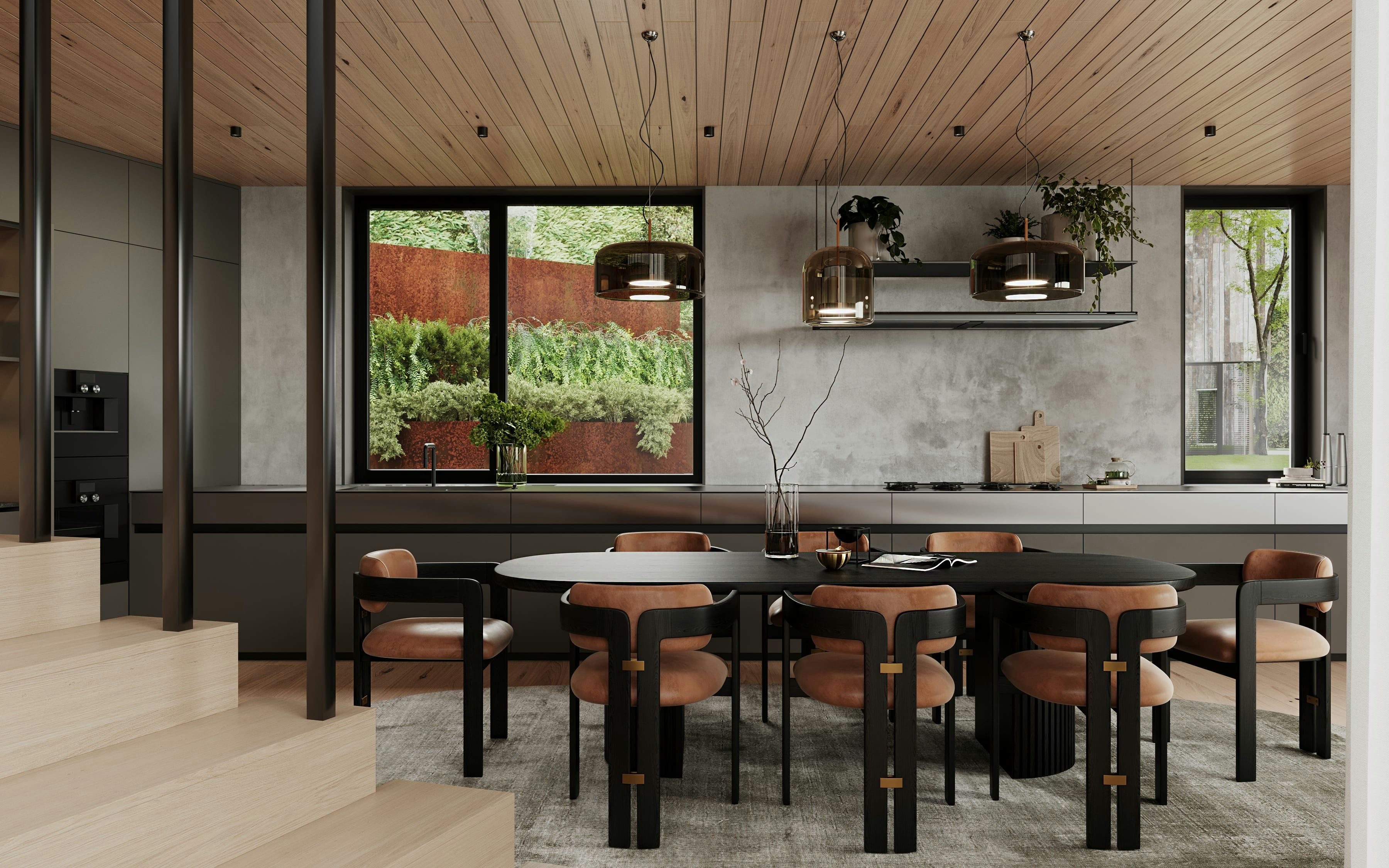 3D Architektur Innenvisualisierung einer Küche mit Essbereich in einem Einfamilienhaus in Berlin, Deutschland