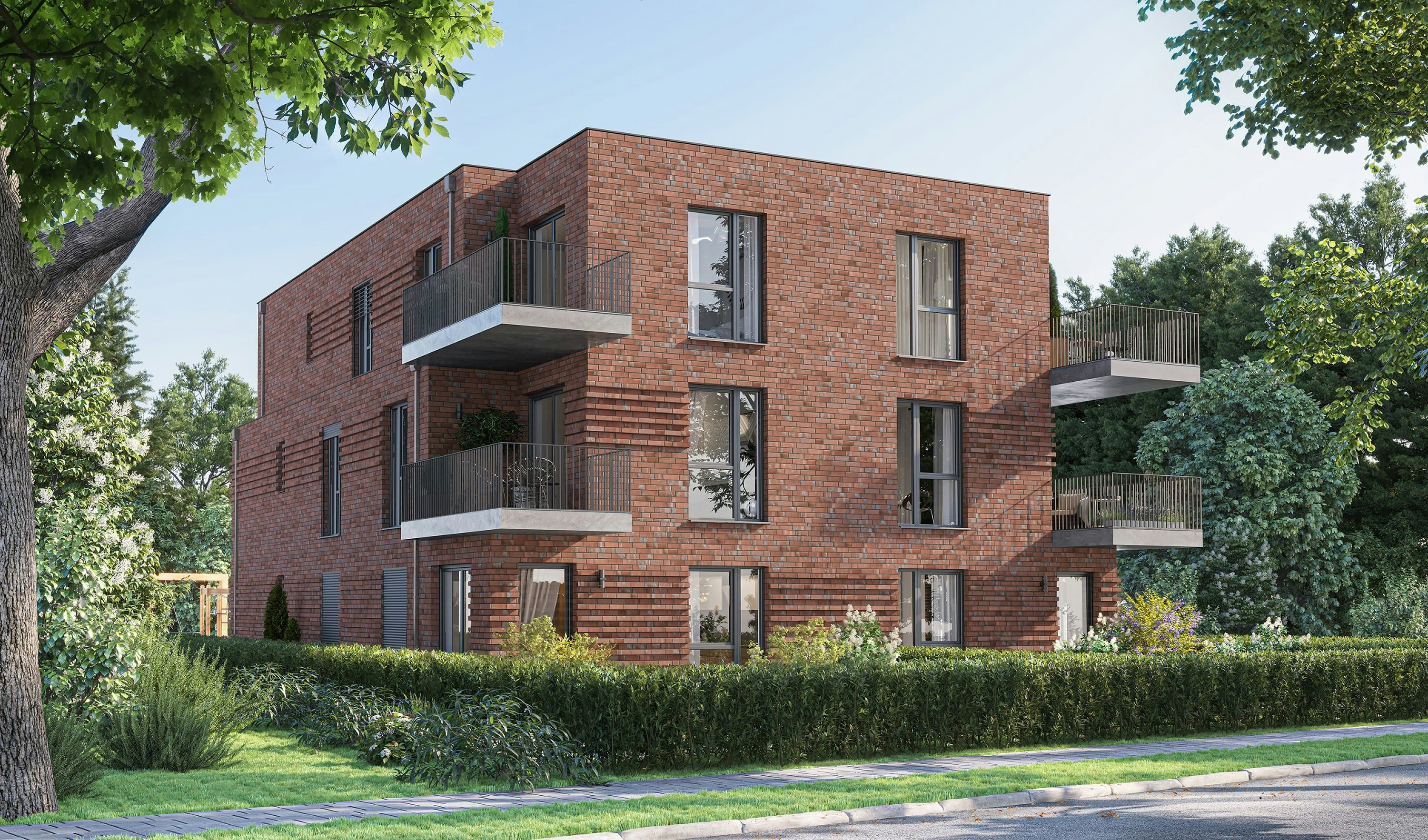 3D Architektur Außenvisualisierung eines Mehrfamilienhauses mit Garten und Balkonen, Hamburg, Deutschland