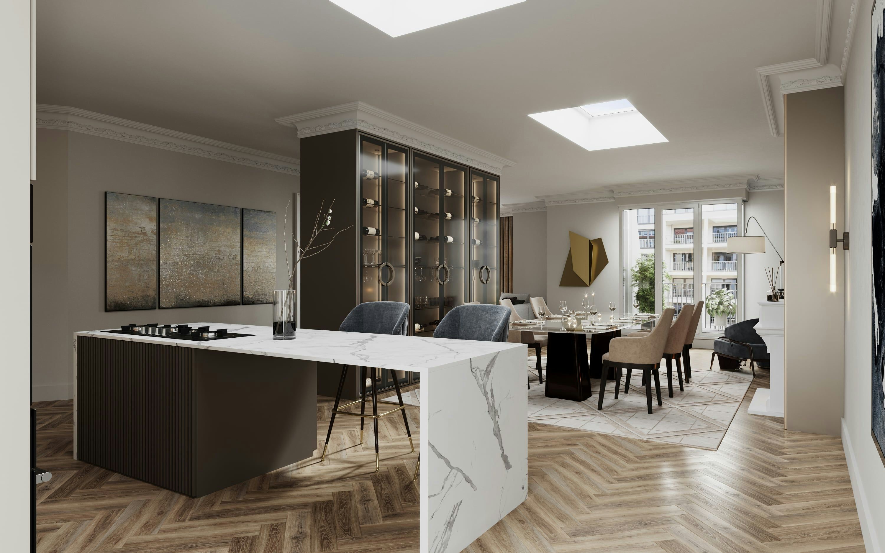 3D architectural Visualization of open space kitchen with dining room in renovated old building apartment, Hamburg Germany