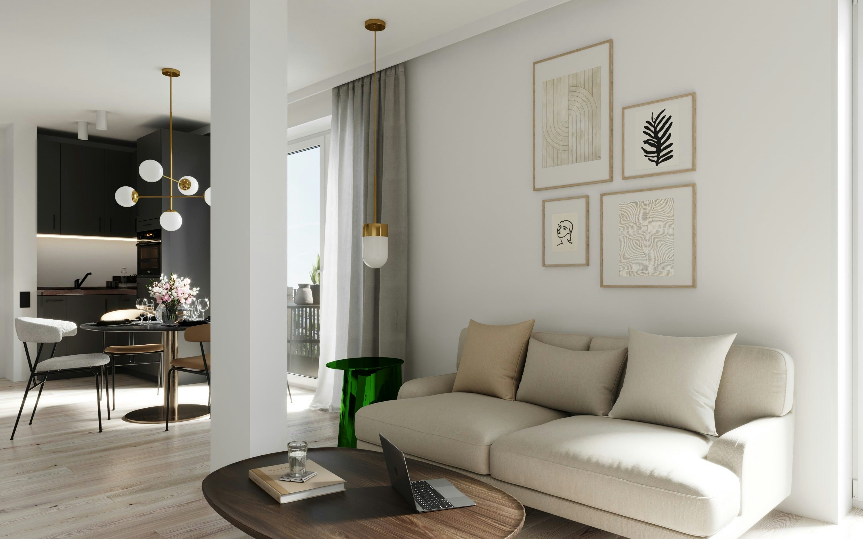 3D Innen Architektur Visualisierung des Wohnraums in einer offenen Penthouse Wohnung in einem Mehrfamilienhaus in Hamburg Eimsbüttel, Deutschland