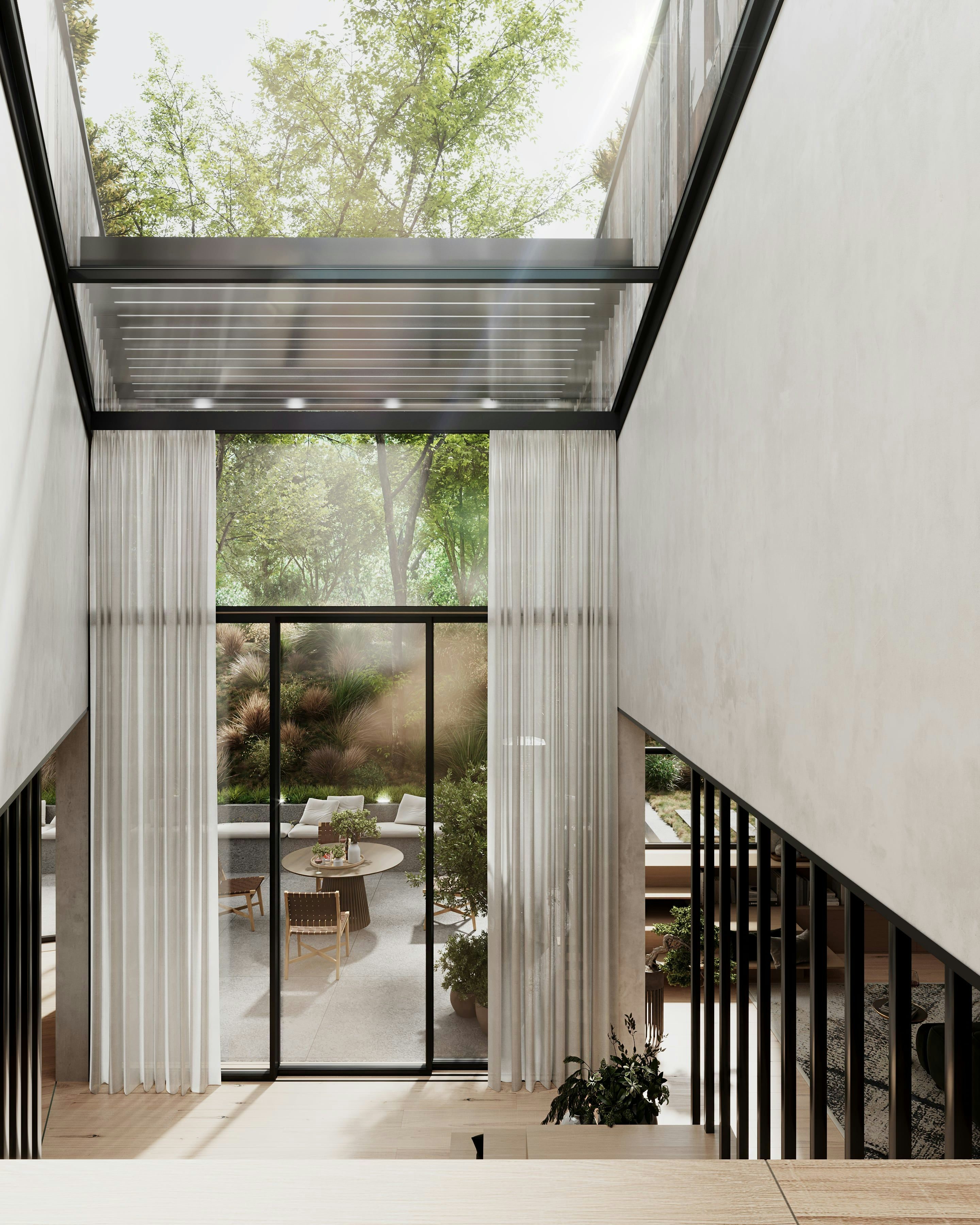 3D Innenarchitekturvisualisierung von Treppen und Terrassein einem Privathaus in Berlin, Deutschland