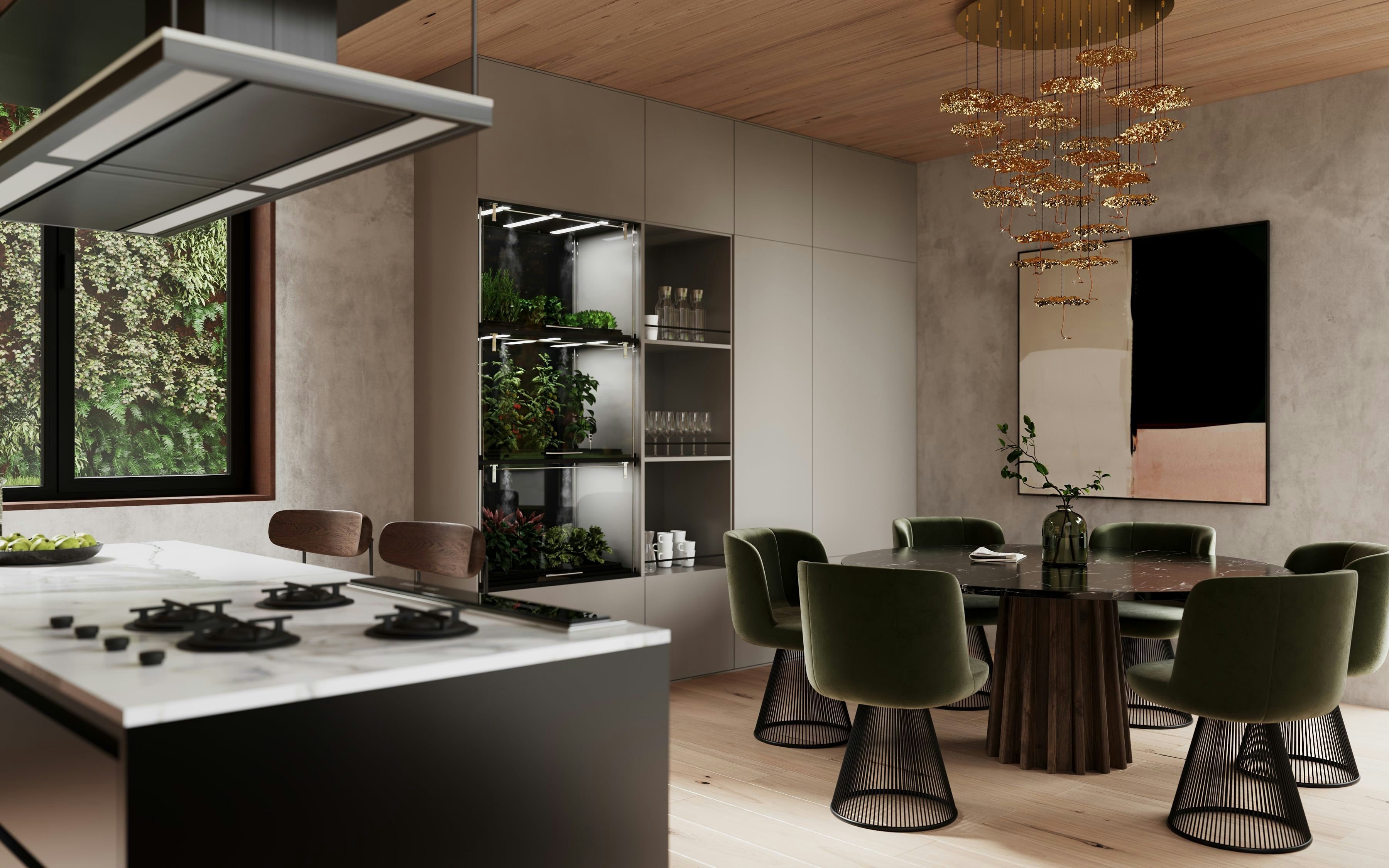 3D Interior Visualization of dining room with hydroponics in private house Berlin, Germnay