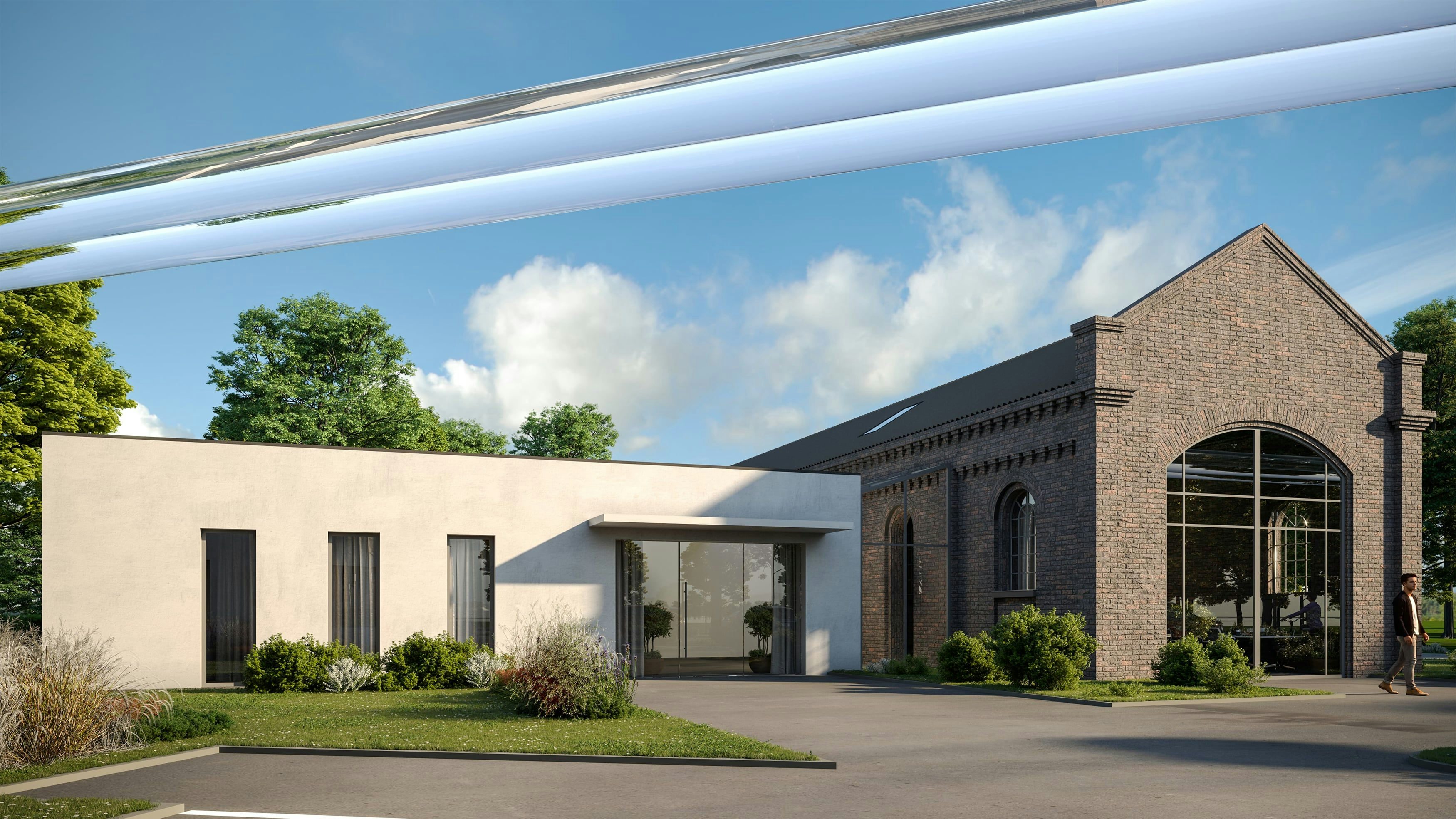 3D Exterior visualization of restored locomotive shed with extension in Mannheim, Germany
