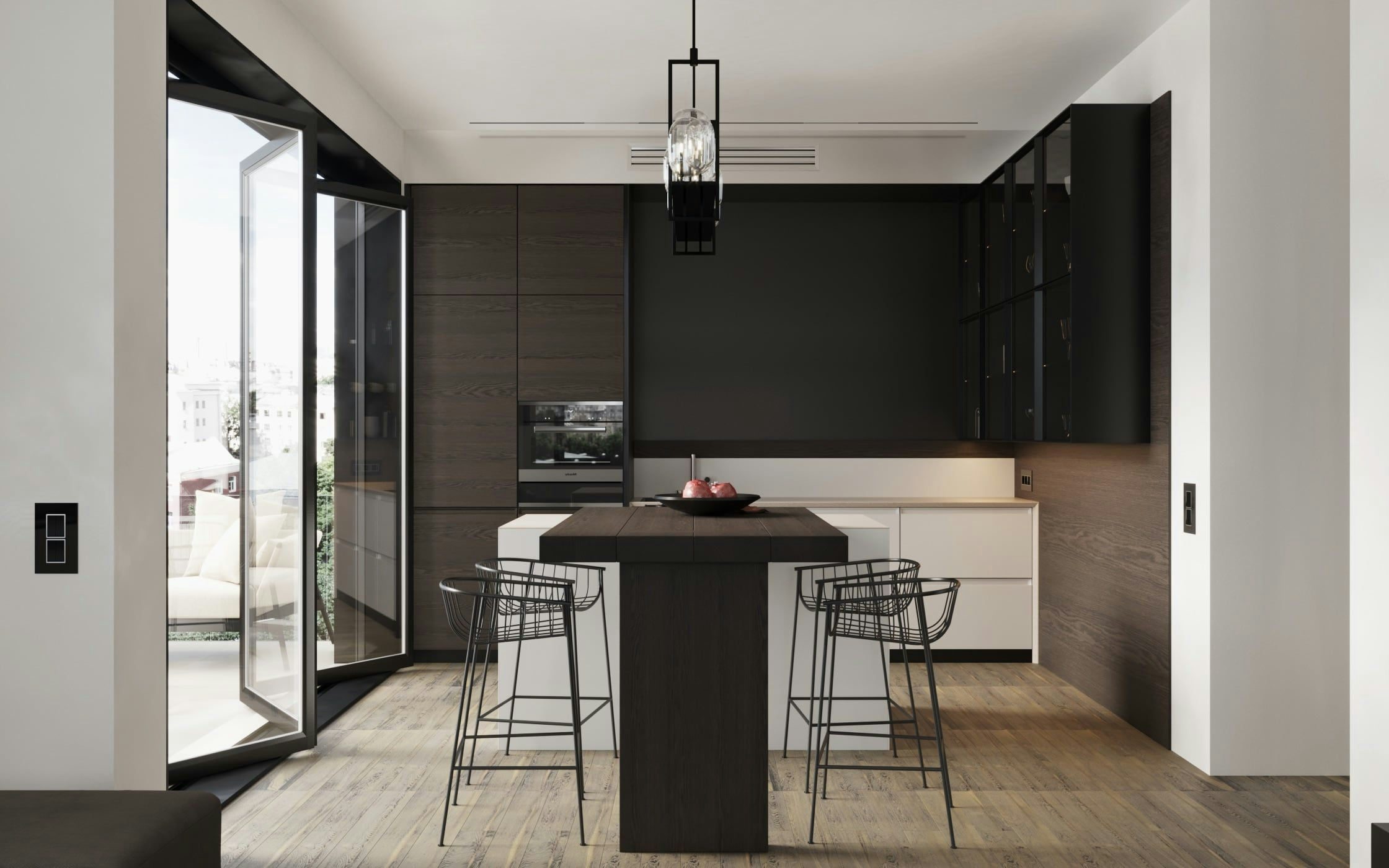 3D Innenarchitekturvisualisierung einer Küche mit Kochinsel in einer modernen Wohnung in Berlin