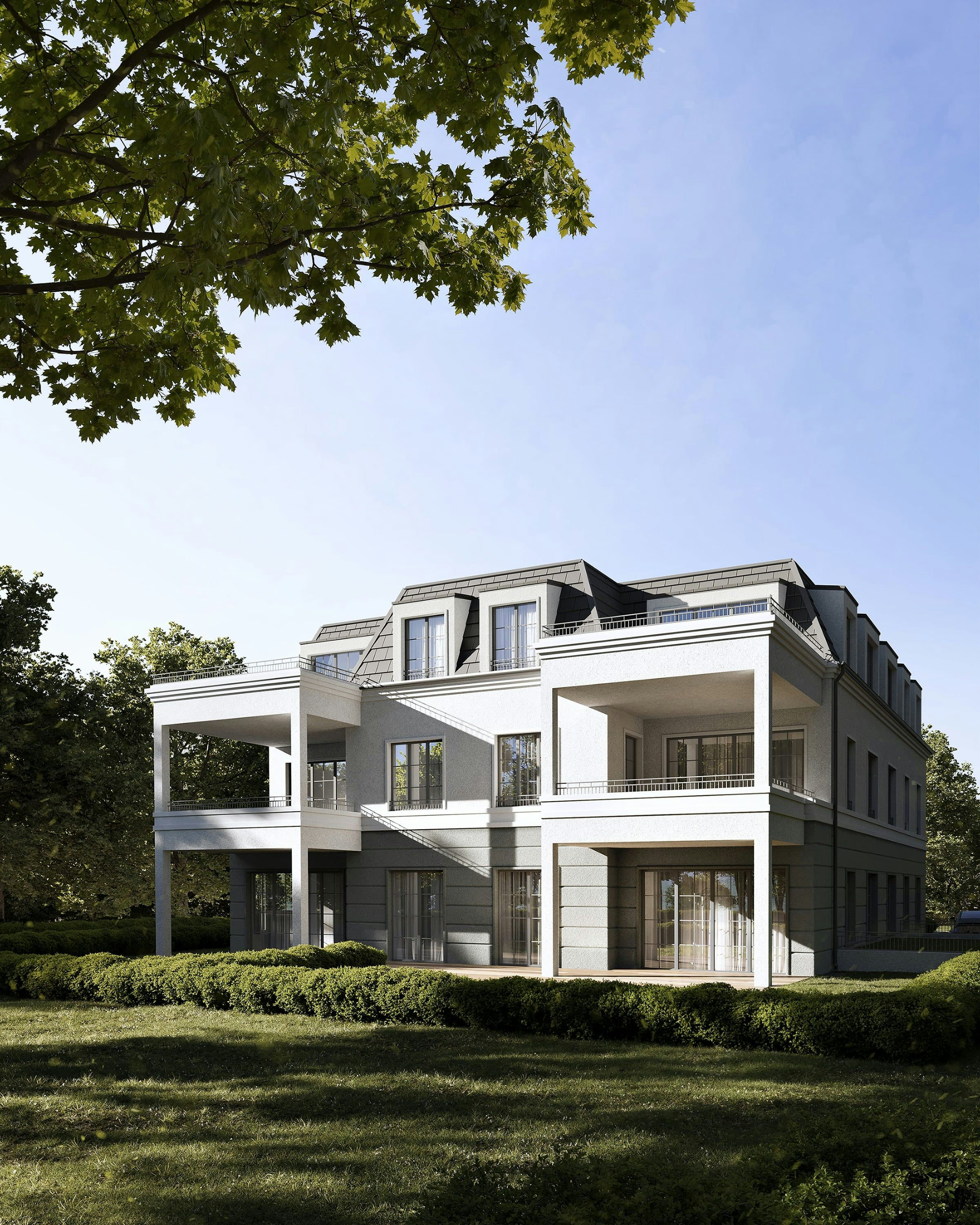 3D Außenvisualisierung eines Mehrfamilienhauses mit Hinterhof in Potsdam, Deutschland
