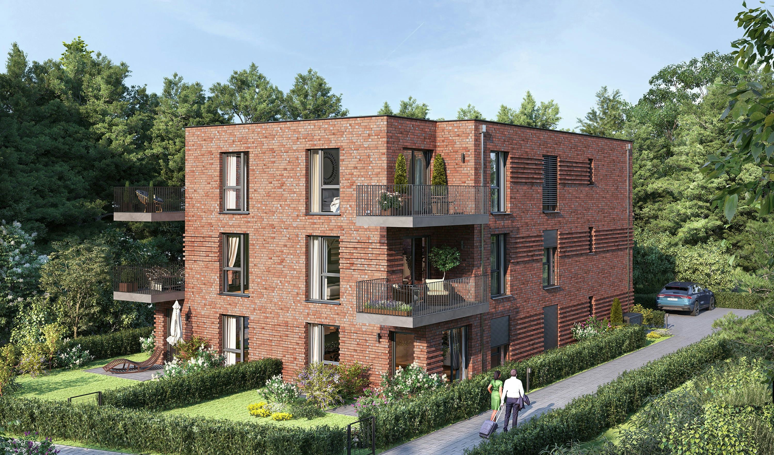 3D Architektur Außenvisualisierung eines Mehrfamilienhauses mit Privatgarten, Hamburg, Deutschland