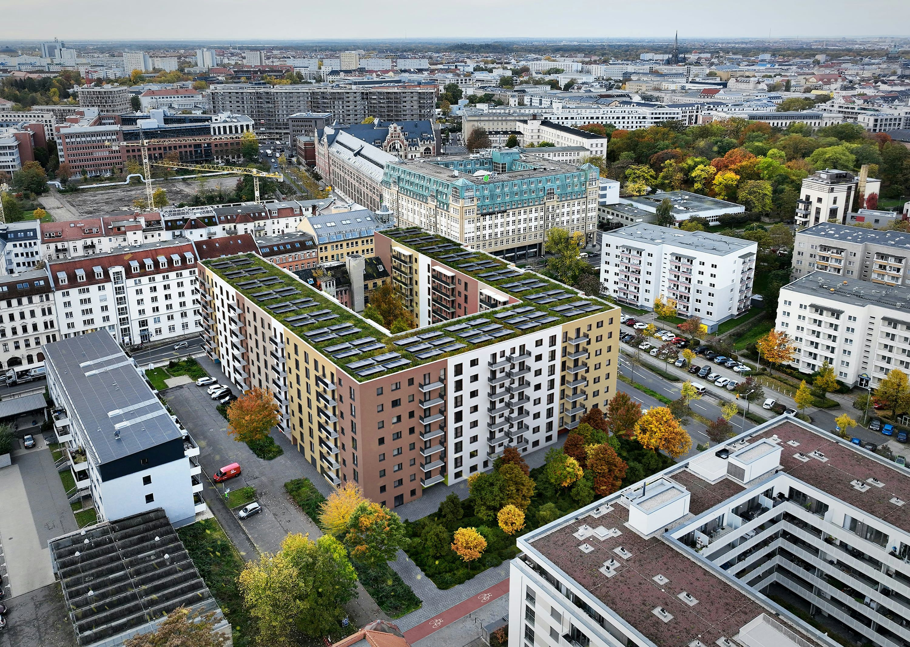 3D Architekturvisualisierung des Mehrfamilienhauskomplex mit Hinterhof in Leipzig, Deutschland