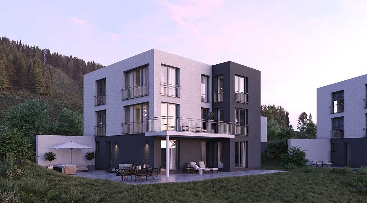 3D-Außenansicht Visualisierung der privaten Einfamilienhausanlage in Deutschland in der Dämmerung.