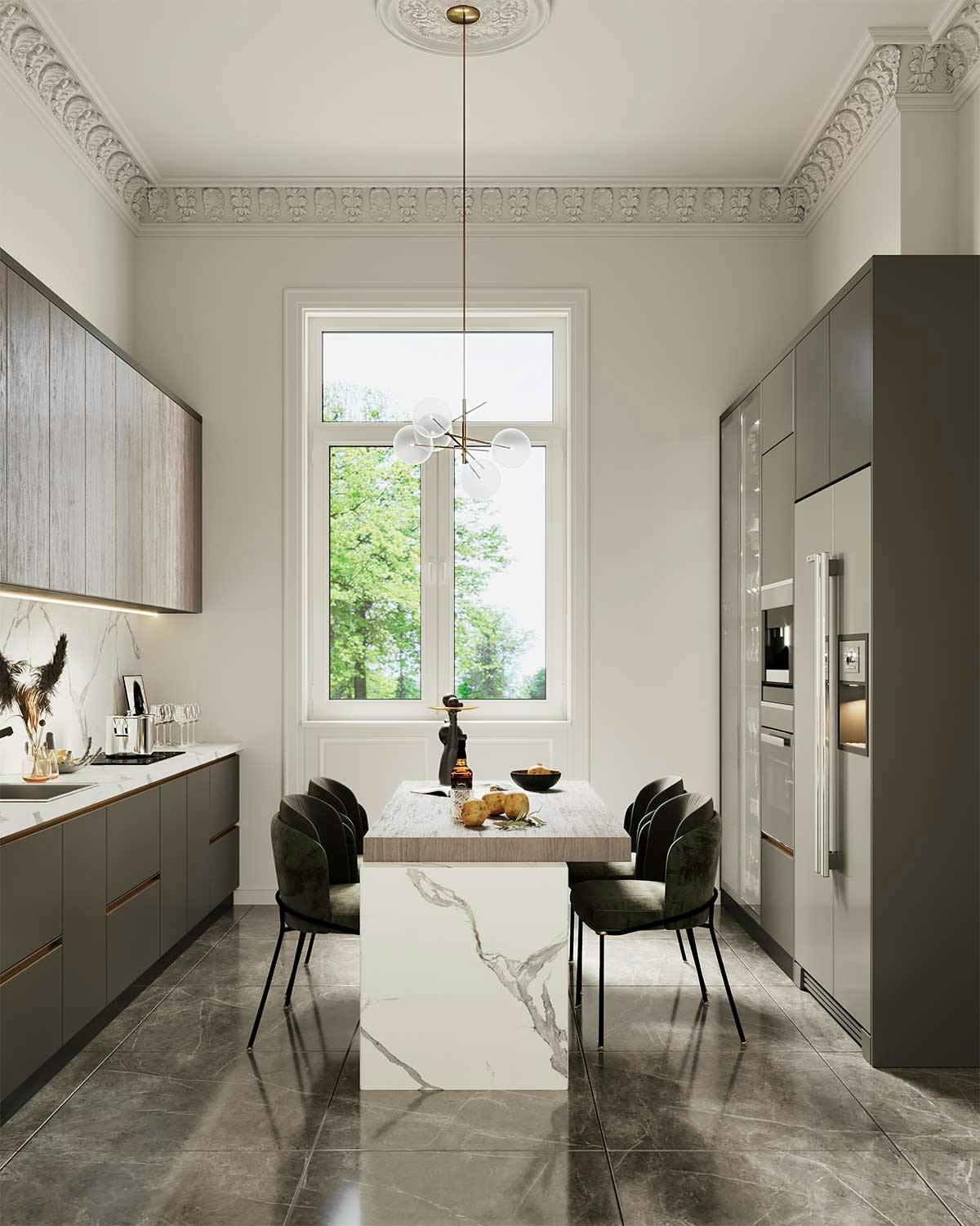 3D Interior Visualisierung mit dem Gestaltungskonzept einer Küche in einer Altbauwohnung in Hamburg. Bild 01