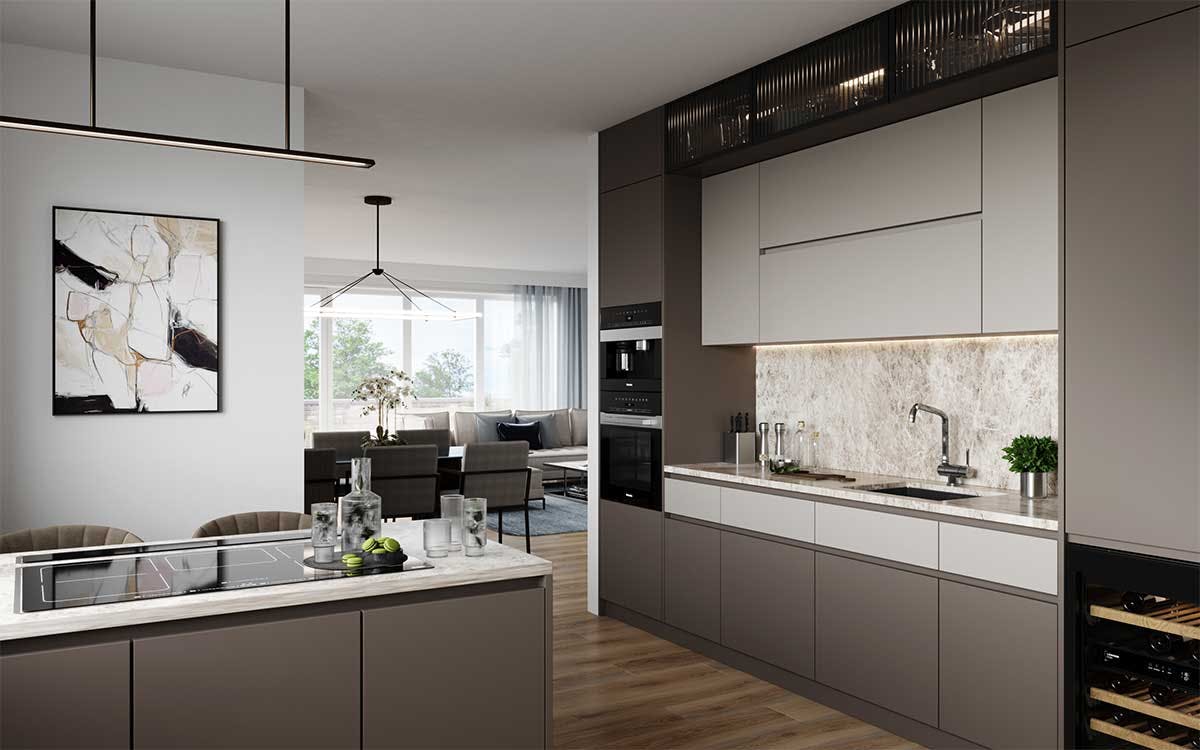3D Interior Visualisierung mit dem Innenausbau einer Küche mit Wohnzimmer im Hintergrund in Deutschland.