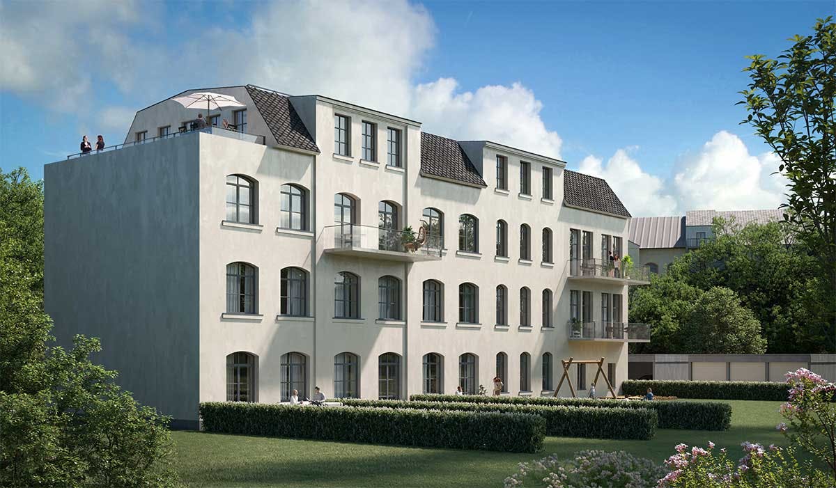 3D Immobilien Außenvisualisierung des Hinterhofes des sanierten Mehrfamilienhauses in Deutschland.