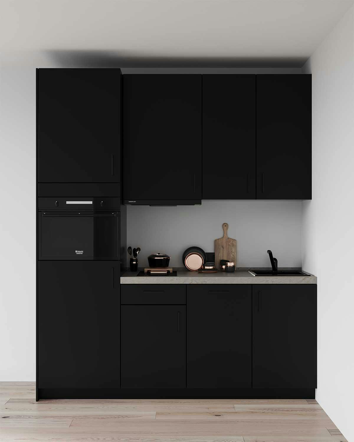 3D Möbelvisualisierung der schwarzen Küche in einer Wohnung in Düsseldorf, Deutschland.