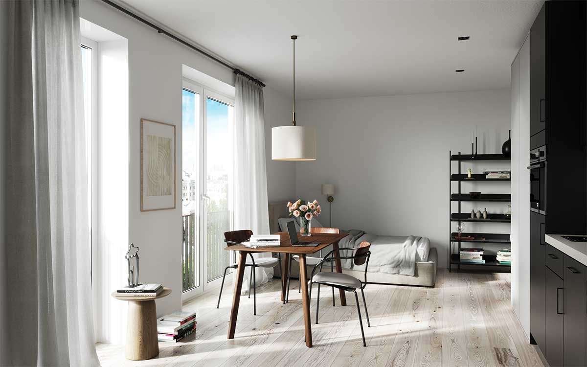 3D Möbel- und Innenvisualisierung der schwarzen Küche in einer Neubauwohnung Immobilien in Düsseldorf, Deutschland.