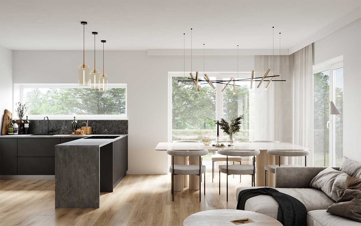 3D Immobilien Innenraumvisualisierung mit dem Gestaltungskonzept eines Esszimmers und einer Küche in einem Doppelhaus in Deutschland.