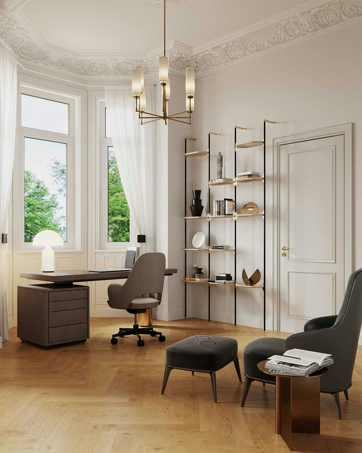 3D Interior Visualisierung mit dem Gestaltungskonzept eines Büroraumes in einer Altbauwohnung in Hamburg.