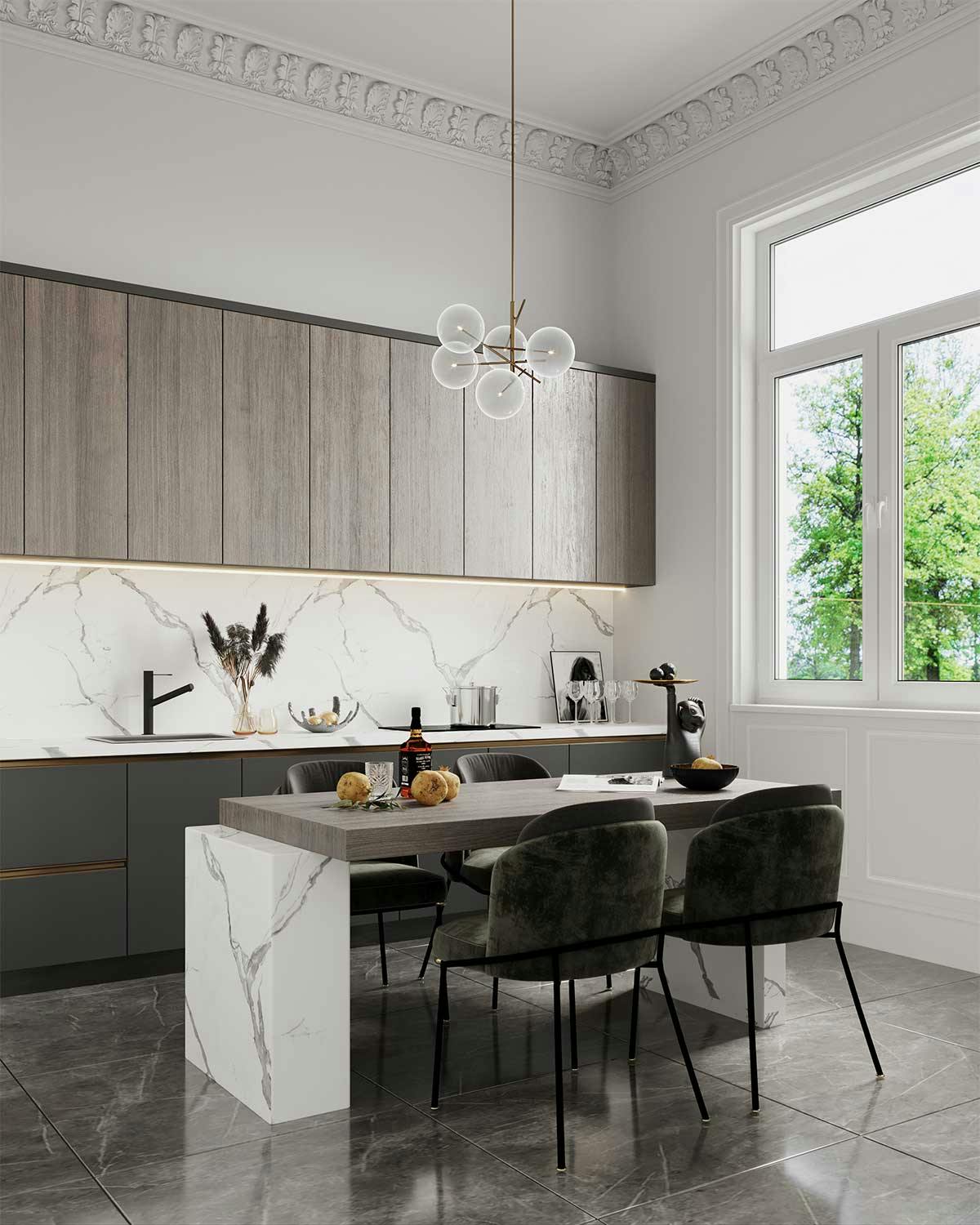 3D Interior Visualisierung mit dem Gestaltungskonzept einer Küche in einer Altbauwohnung in Hamburg. Bild 02